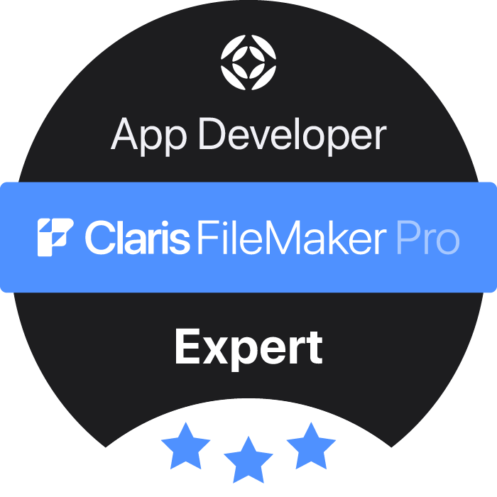 A digital badge with a black background and white and blue text indicating certification as an App Developer and Claris FileMaker Pro Expert, featuring a black and white geometric logo at the top and three blue stars at the bottom.