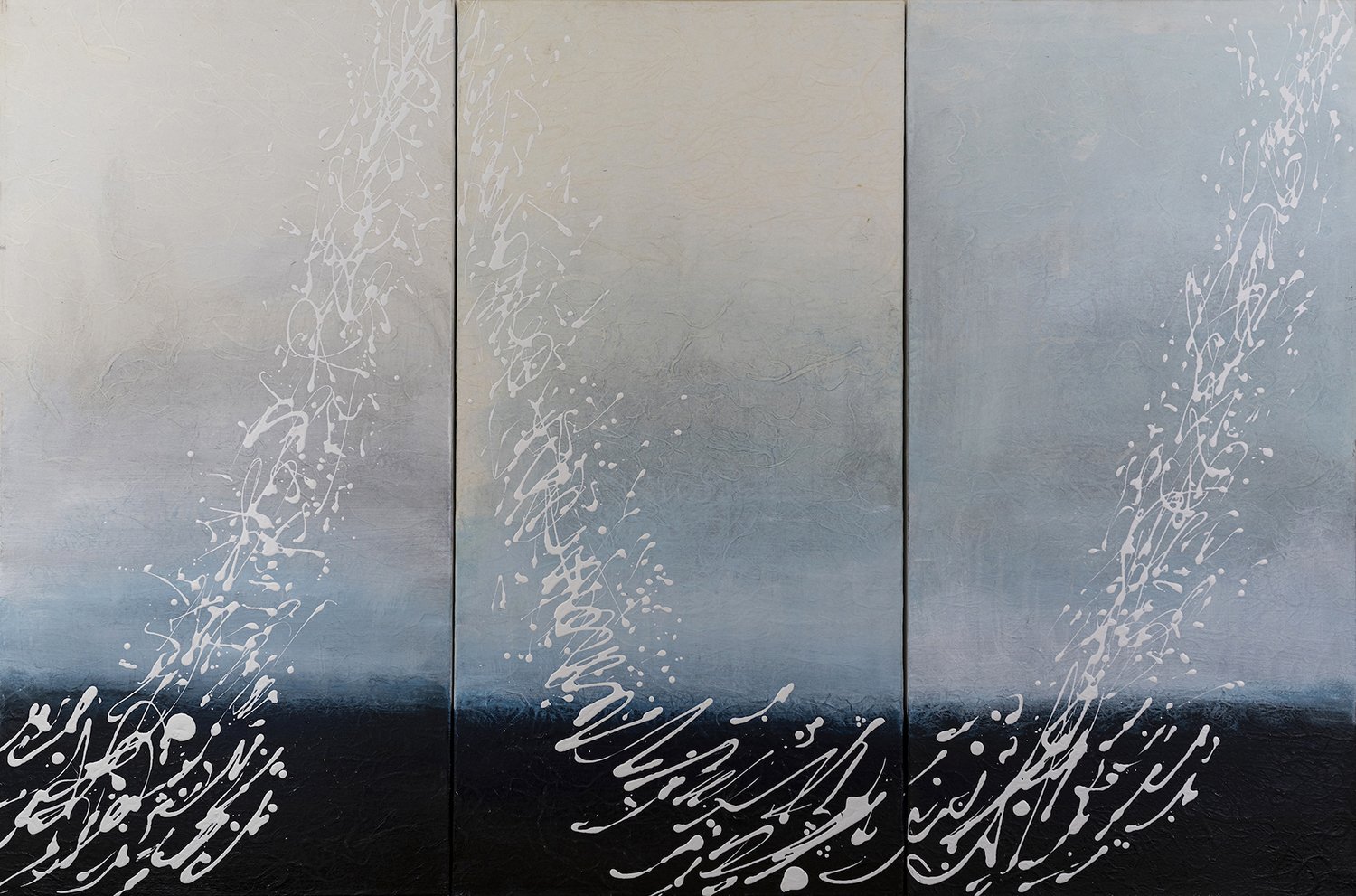   Third Script: Tihai , 2013, Triptych, acrylic on mulberry paper and canvas, 36” x 73”   