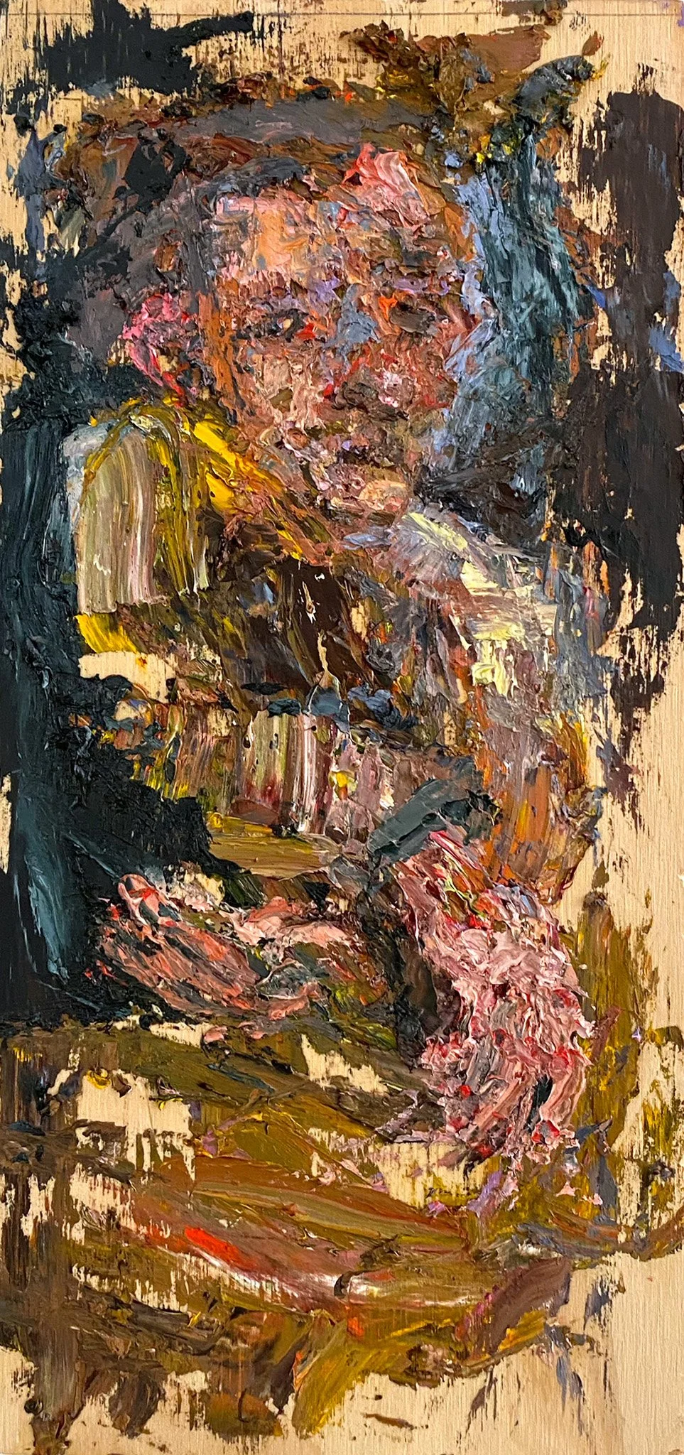   Sucker Punch, 2022, oil on reclaimed wood, 13-¾ x 6-½ inches  