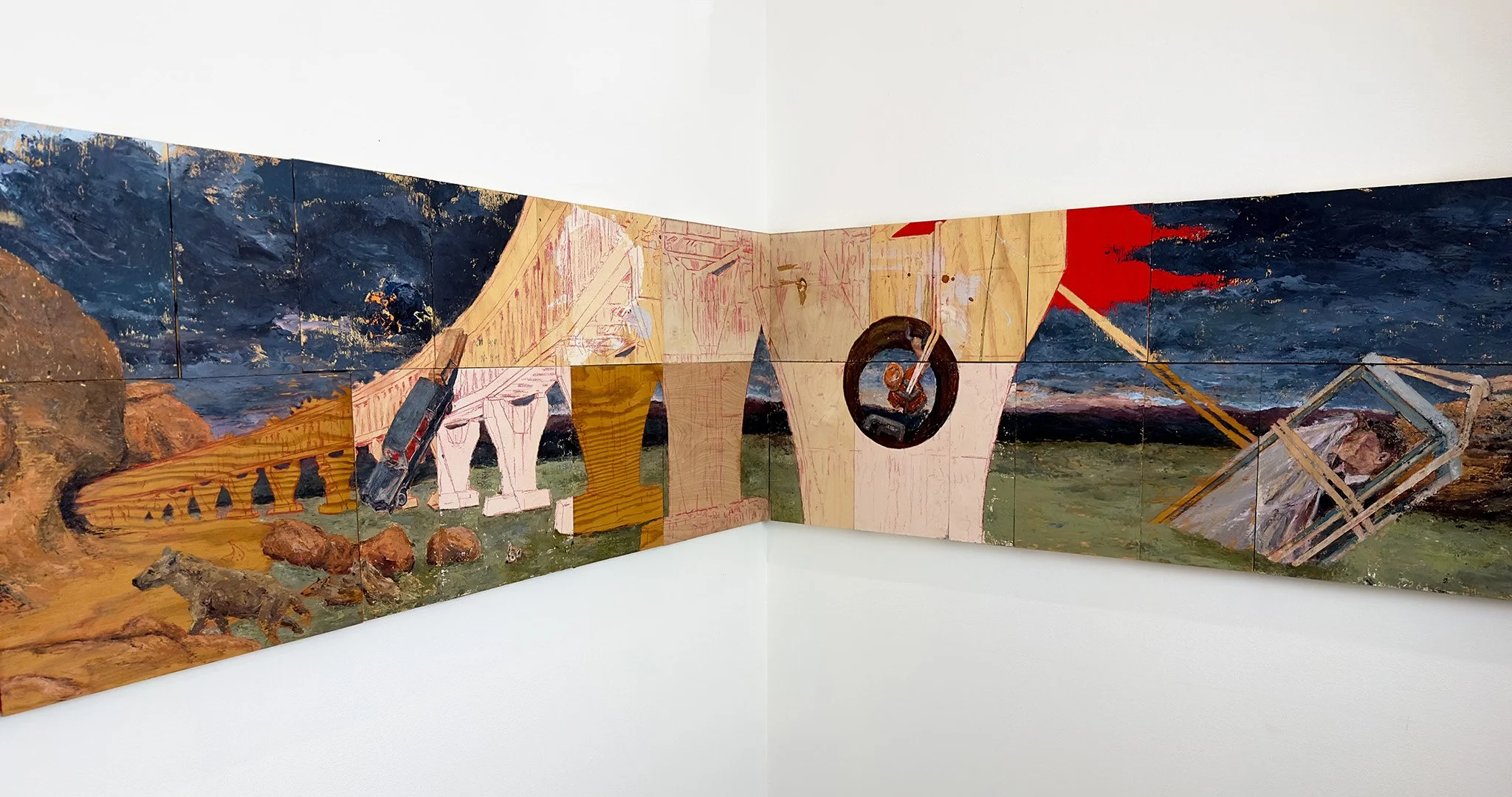   When I first learned to swim, they laid me on the shore,  2023, (Detail), Oil, wax, latex paint, colored pencil on reclaimed wood 