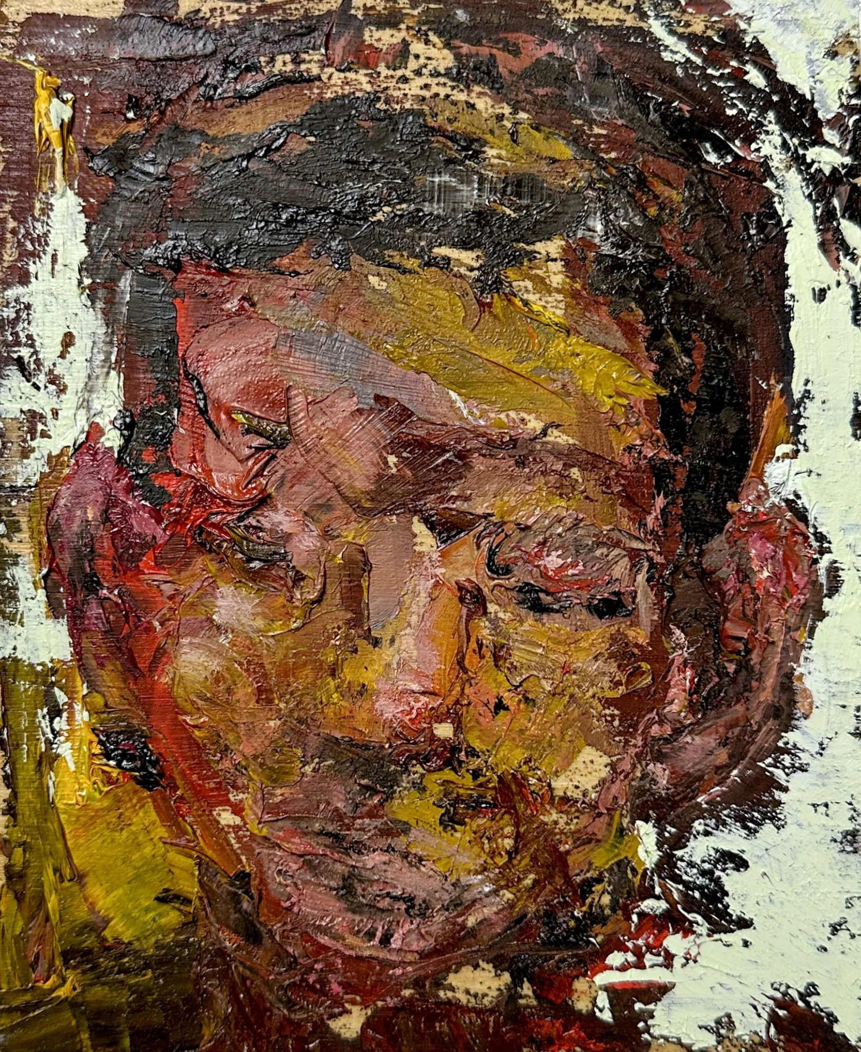   The Heads XVII,  2023,
Oil on reclaimed wood, 7 x 5 inches 