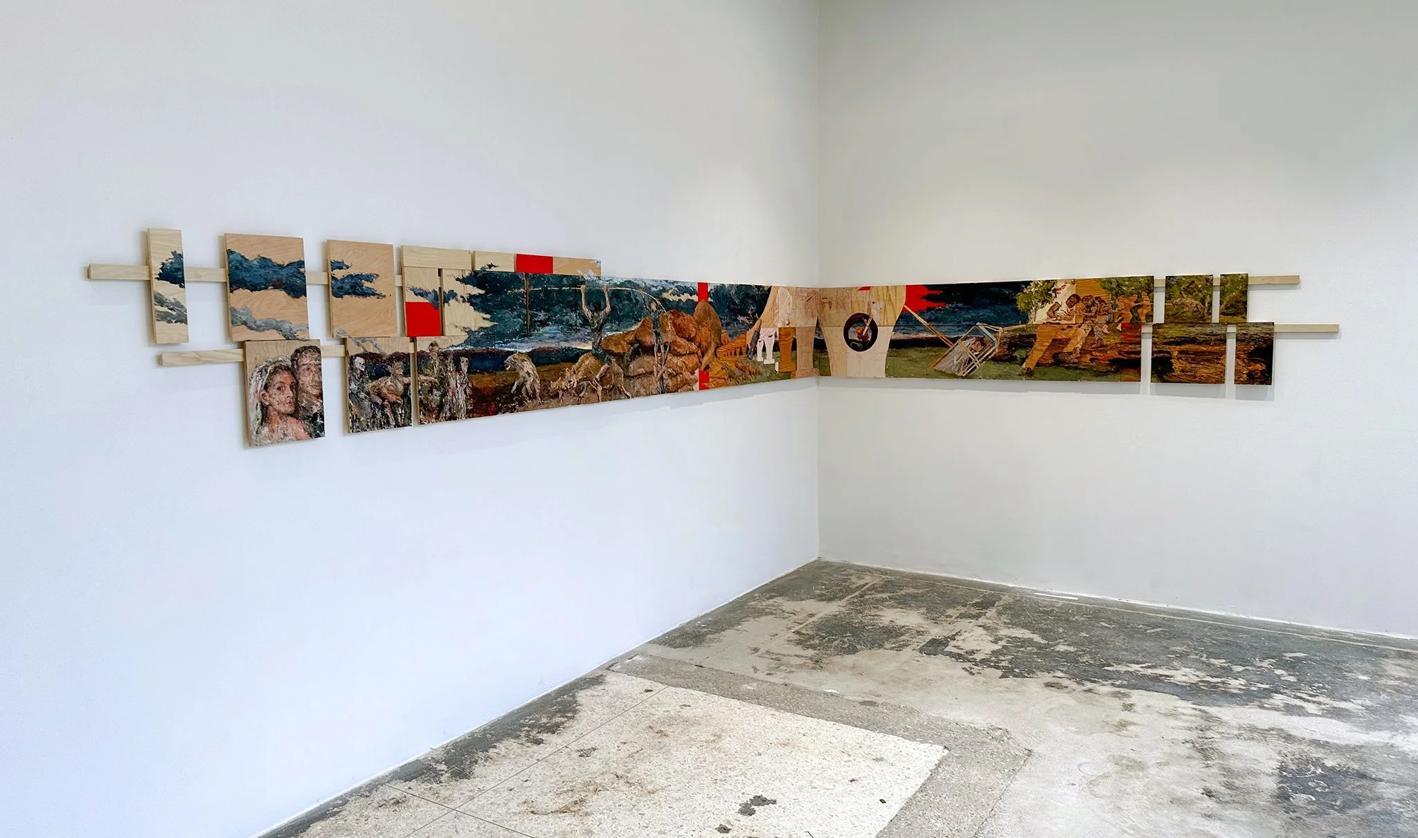   When I first learned to swim, they laid me on the shore,  2023,
 (installation view, Pollock Gallery)
Oil, wax, latex paint, colored pencil on reclaimed wood, 181 x 22 inches overall, variable dimensions 