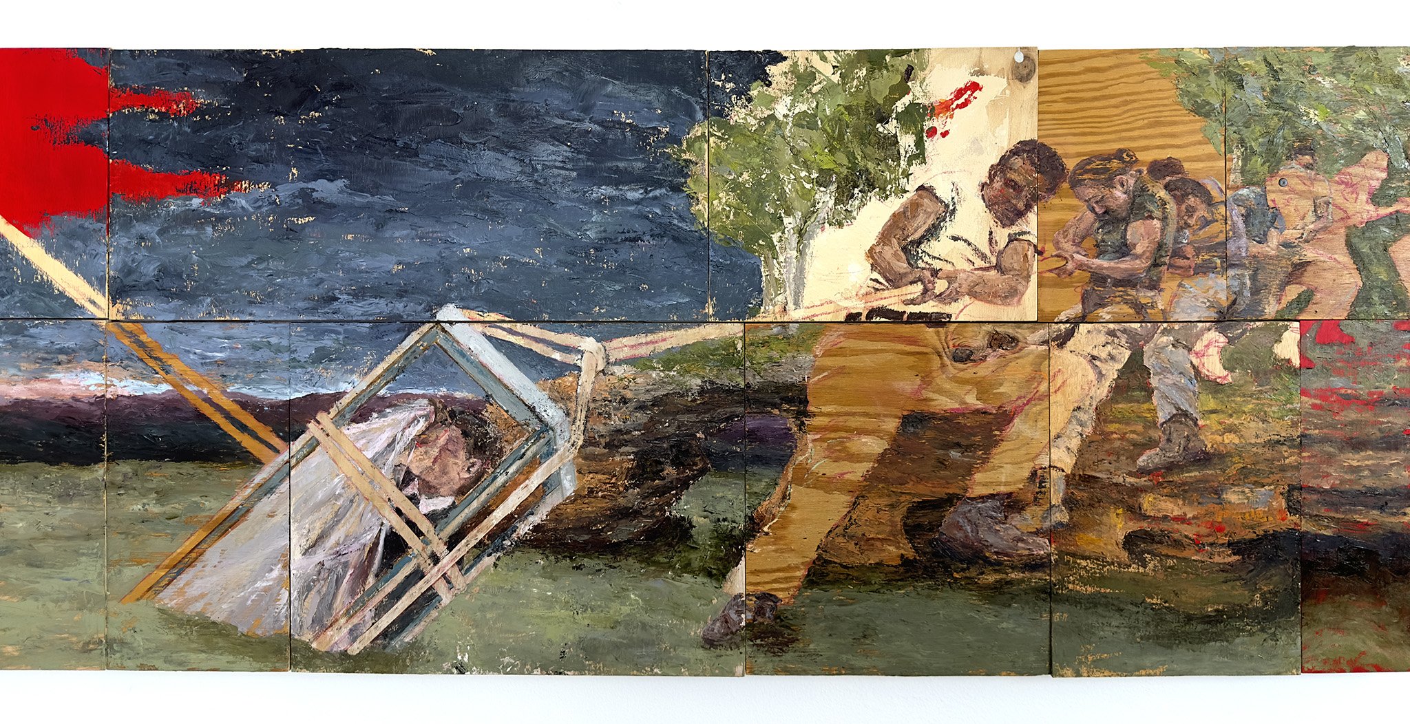   When I first learned to swim, they laid me on the shore,  2023, (Detail), Oil, wax, latex paint, colored pencil on reclaimed wood 