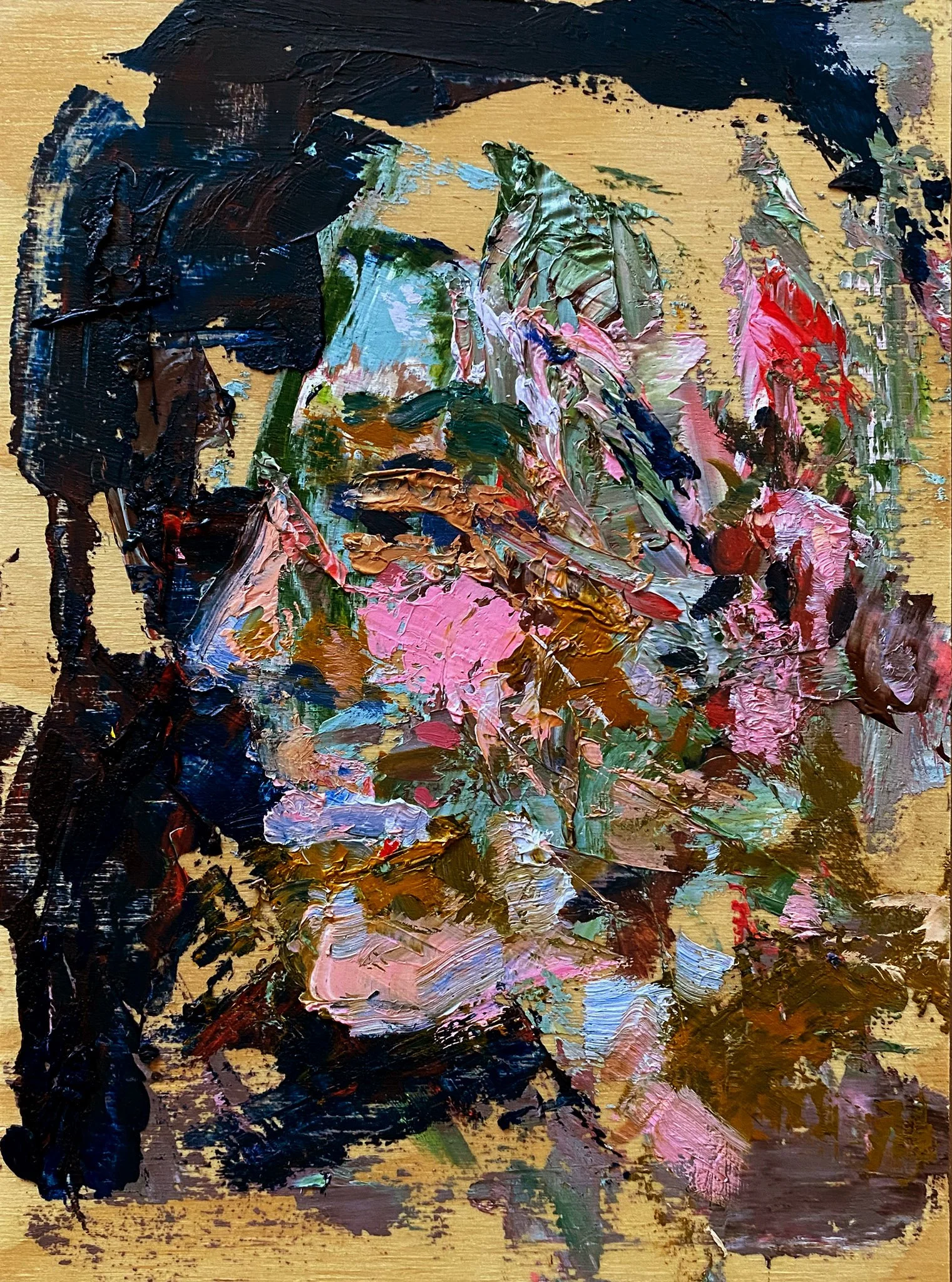   The Heads XI,  2023,
Oil and acrylic on reclaimed wood, 10 x 7-1/2 inches 