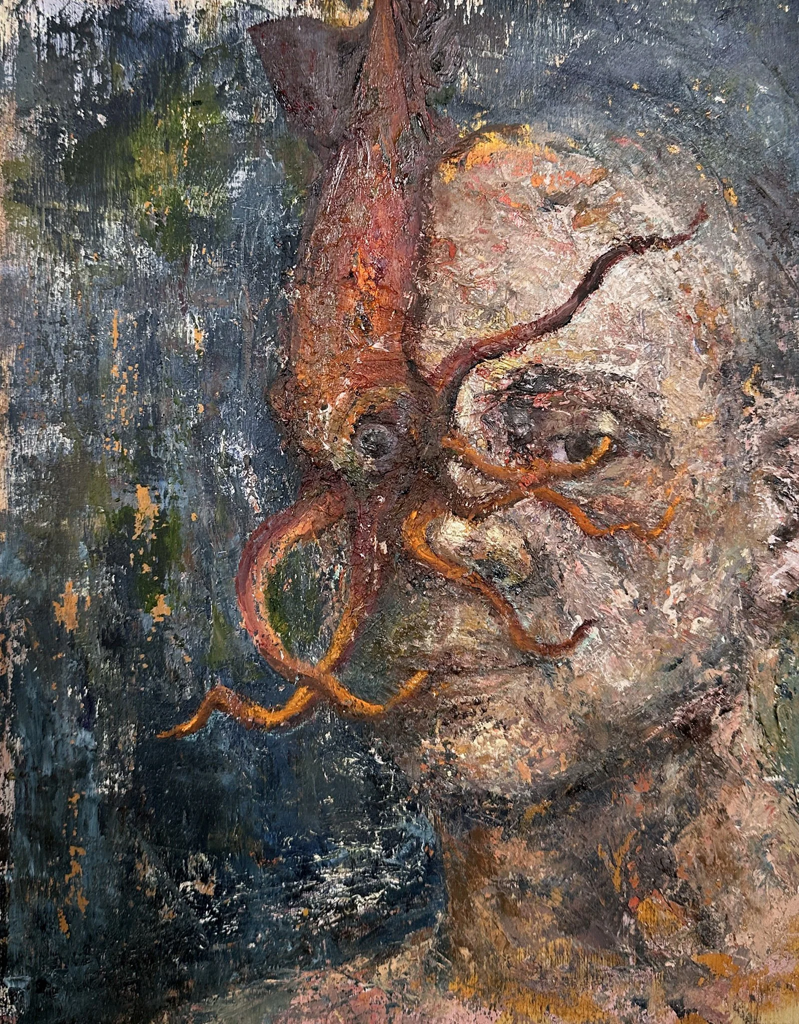 Worry 2025,
Oil and acrylic on reclaimed wood,
10-1/2 x 8-1/4 inches,