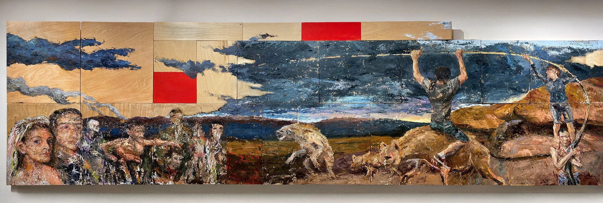   When I first learned to swim, they laid me on the shore,  2023, (Detail), Oil, wax, latex paint, colored pencil on reclaimed wood 