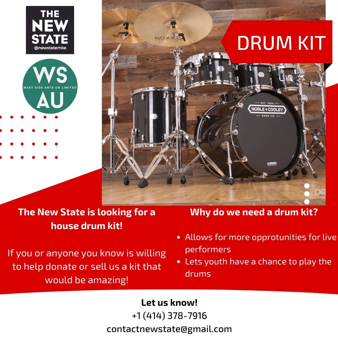 The New State is looking for a house drum kit 🥁
If you or anyone you know is willing to donate or sell the kit please let us know.
This drum kit will support local artists that cannot transport their own drum kit