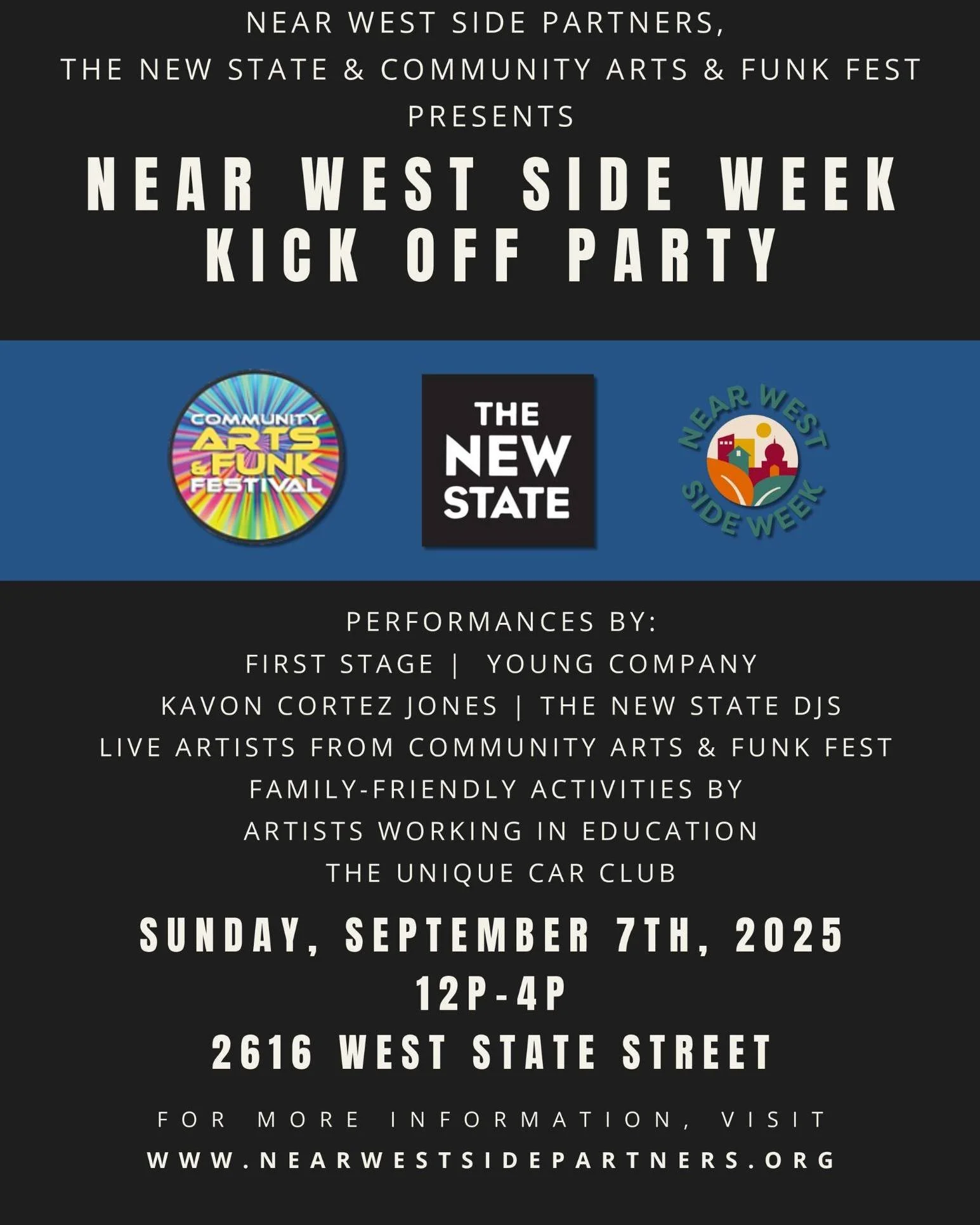 We are once again having Near West Side Week at The New State! Stop by and enjoy a day full of music, art, and community. Thank you to @community_arts_and_funk and @nearwestsidepartners for bringing us Near West Side Week
