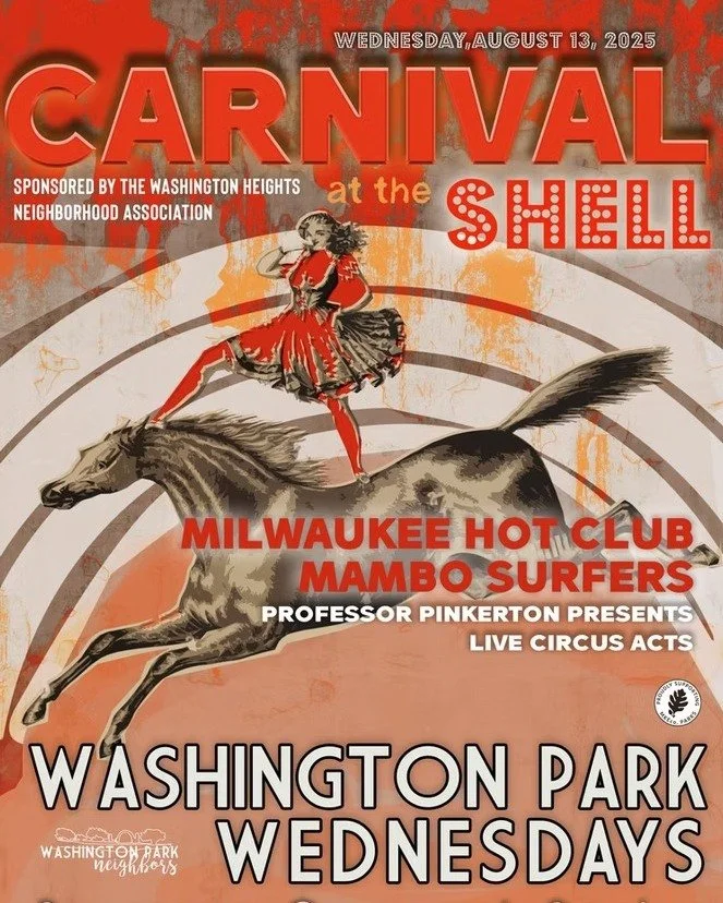 Tomorrow we are back at Washington Park Wednesdays! This weeks theme is Carnival. Come check out live circus acts as well as performances from Milwaukee Hot Club &amp; Mambo Surfers. Music starts at 6 PM @washingtonparkweds