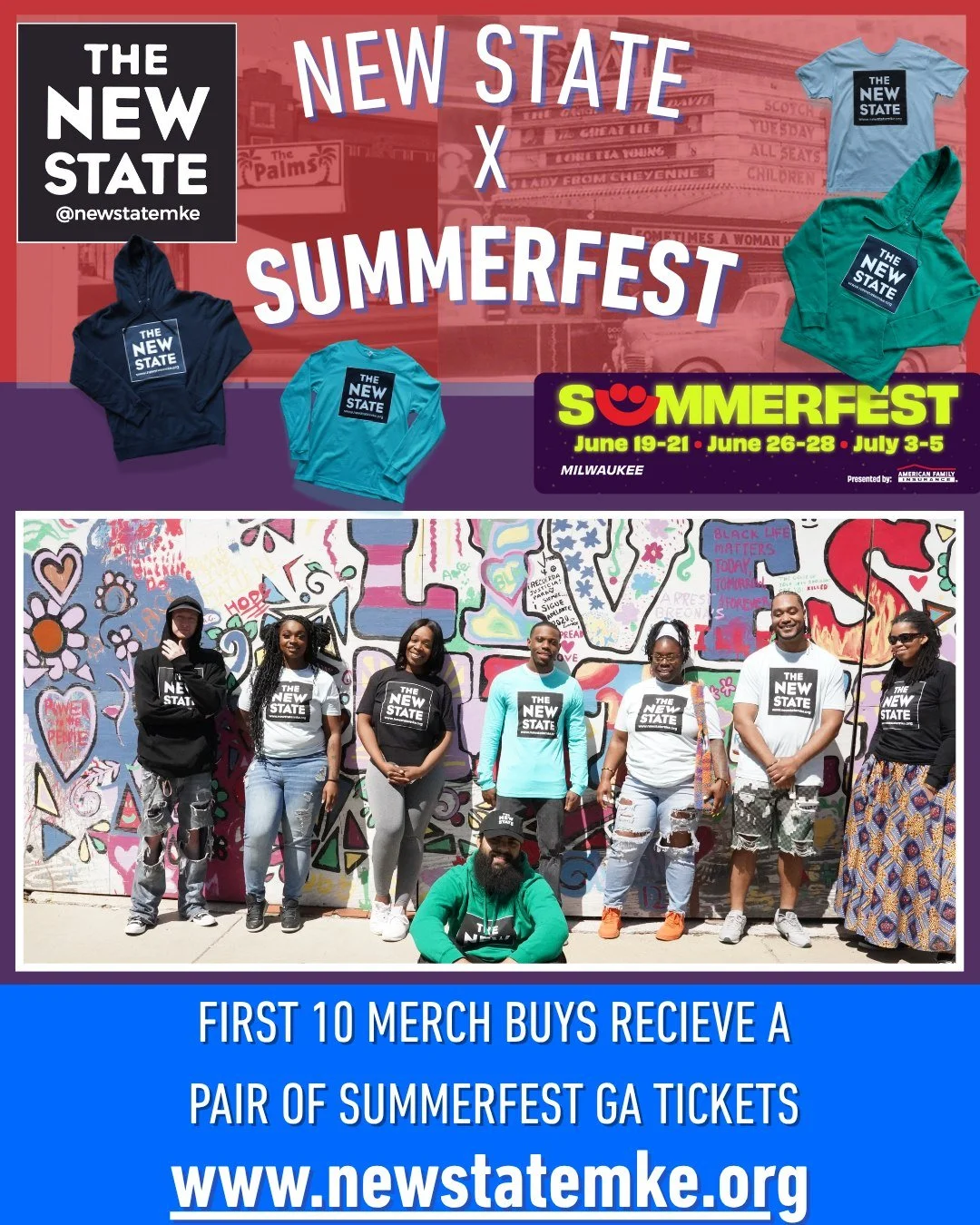 Support The New State in style! The first 10 donations that are merch buys will receive 2 free Summerfest GA Tickets. You can support us online at www.newstatemke.org, or stop by our merch tent this Saturday 6/14 from 10-5 PM
These donations will sup