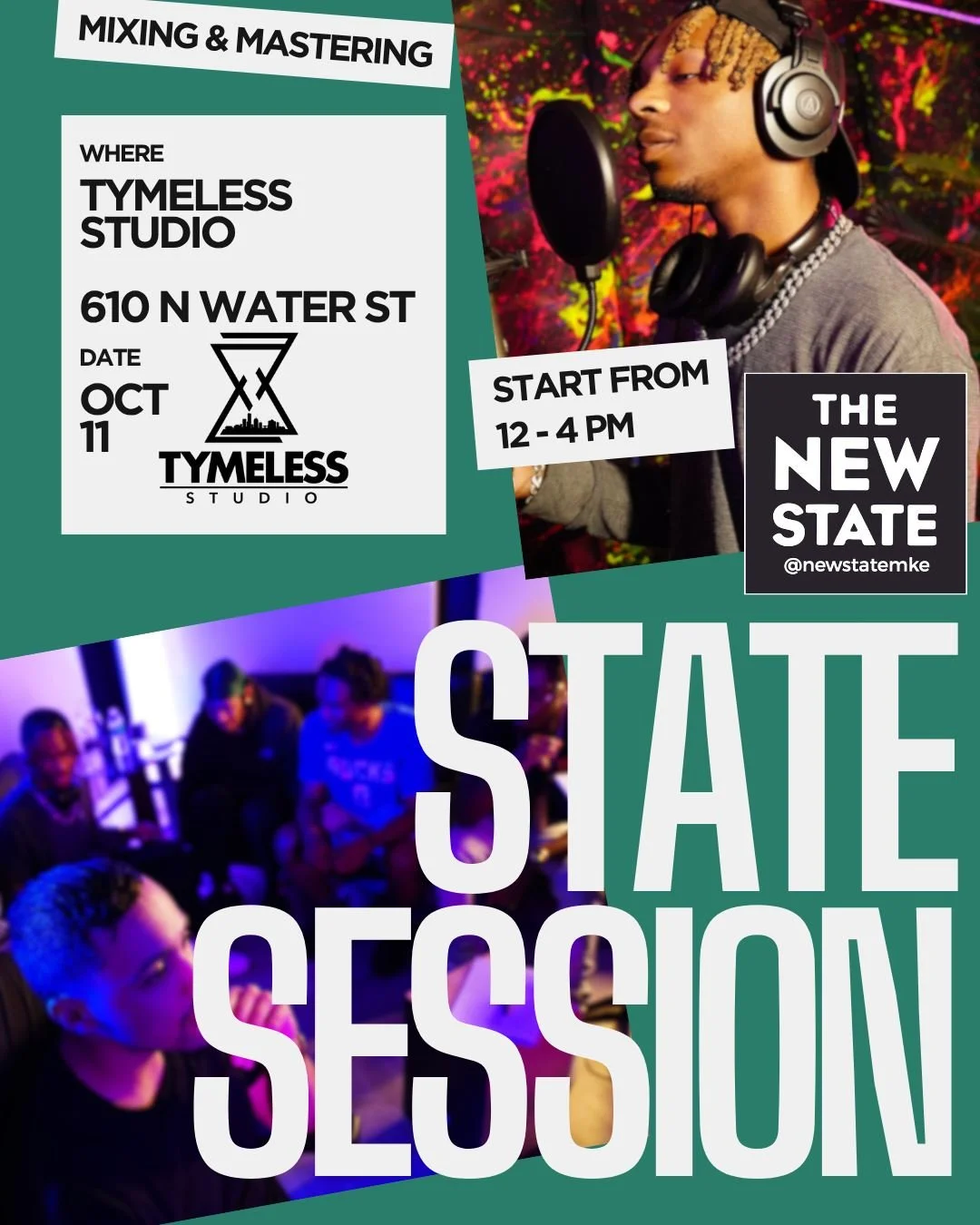 This Saturday, Oct 11th from 12-4 PM, The New State is back at @tymeless_studios (610 N Water Street) for another State Session!!

We will be working on mixing &amp; mastering multi-tracks 🎧
Stop by for a free in-studio lesson provided to you by @ne
