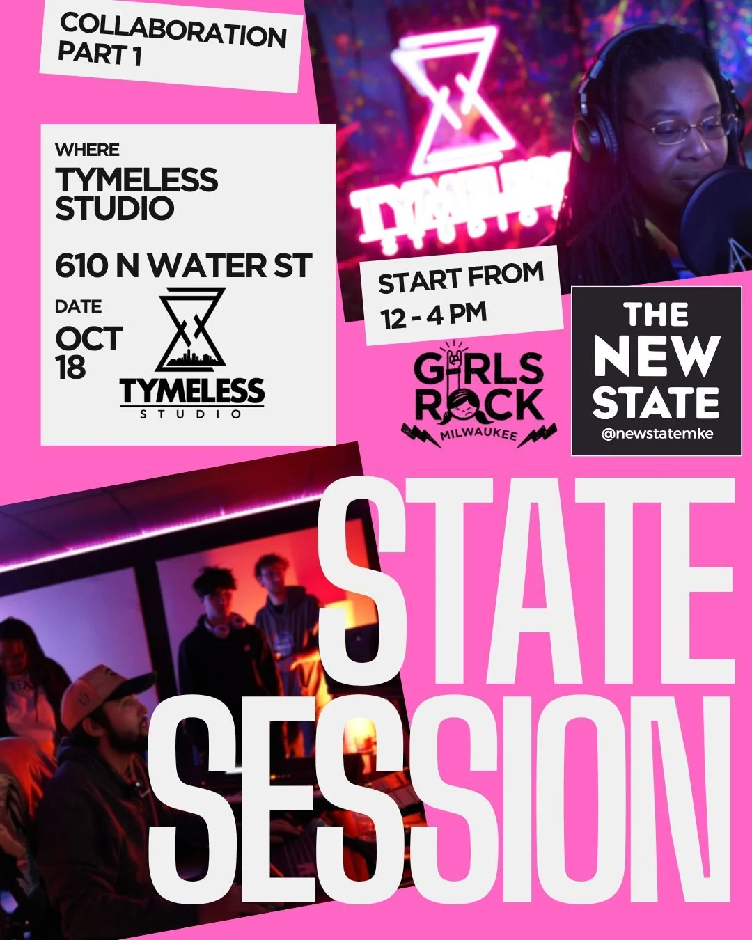 We are having a double header this weekend at @tymeless_studios!
This Saturday and Sunday from 12-4 we will be hosting our State Session. The State Session is a free chance to get studio experience. This weekend we are partnering with @girlsrockmke. 