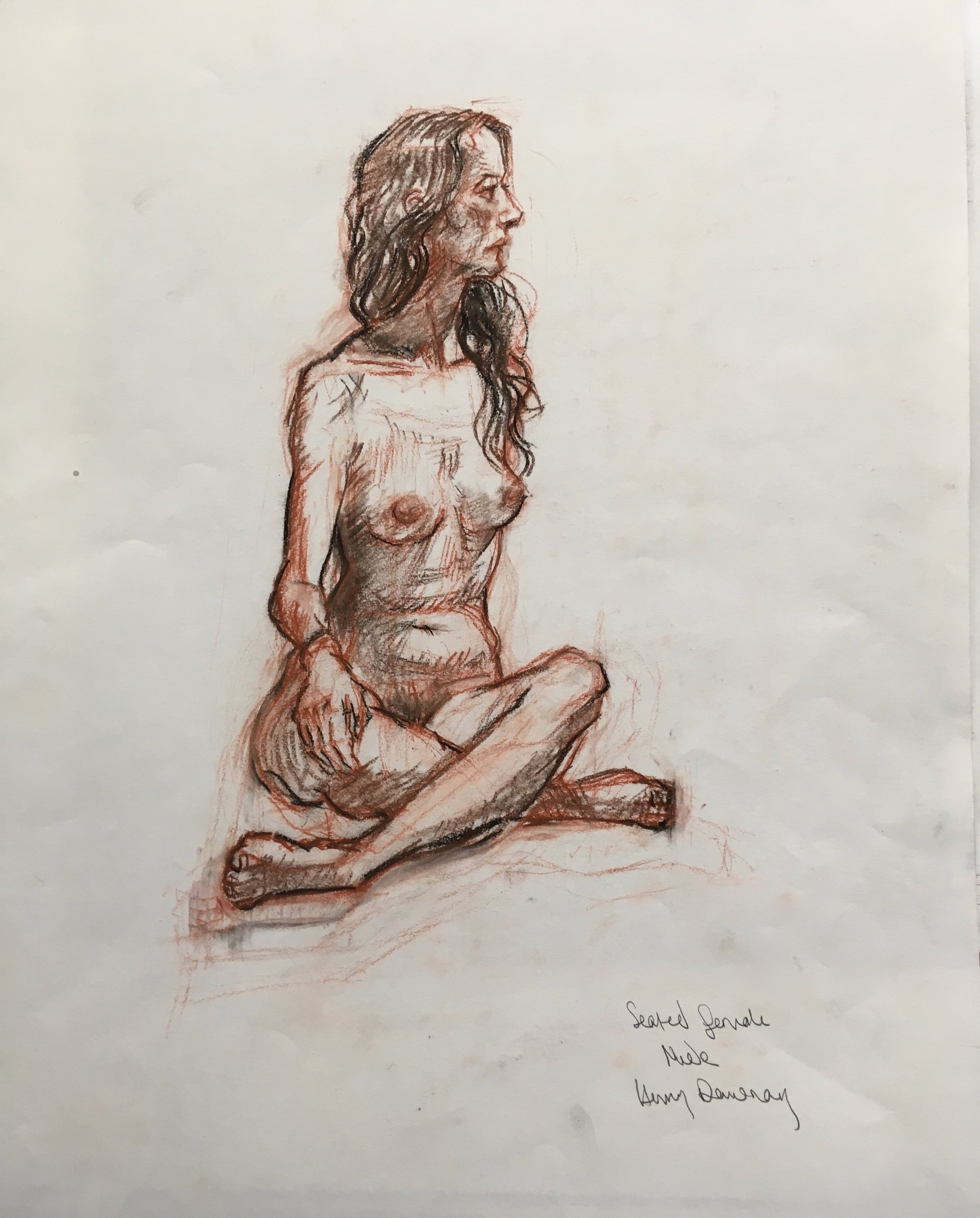 cross legged female nude sepia and sanguine on paper