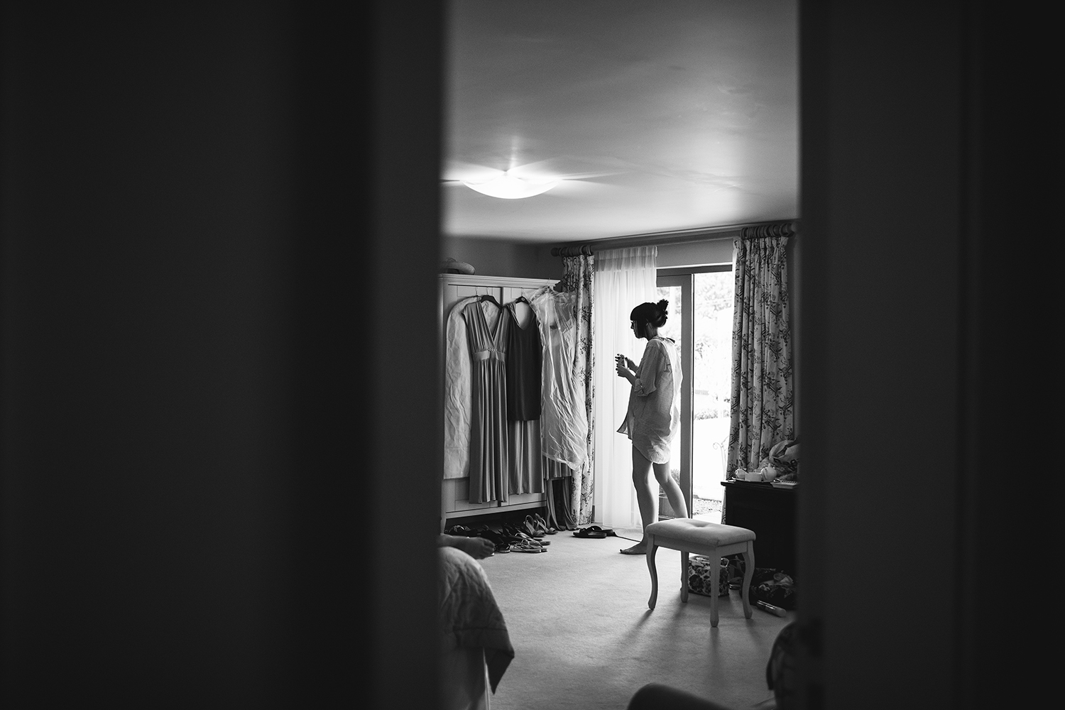 Bride looking at Wedding dress