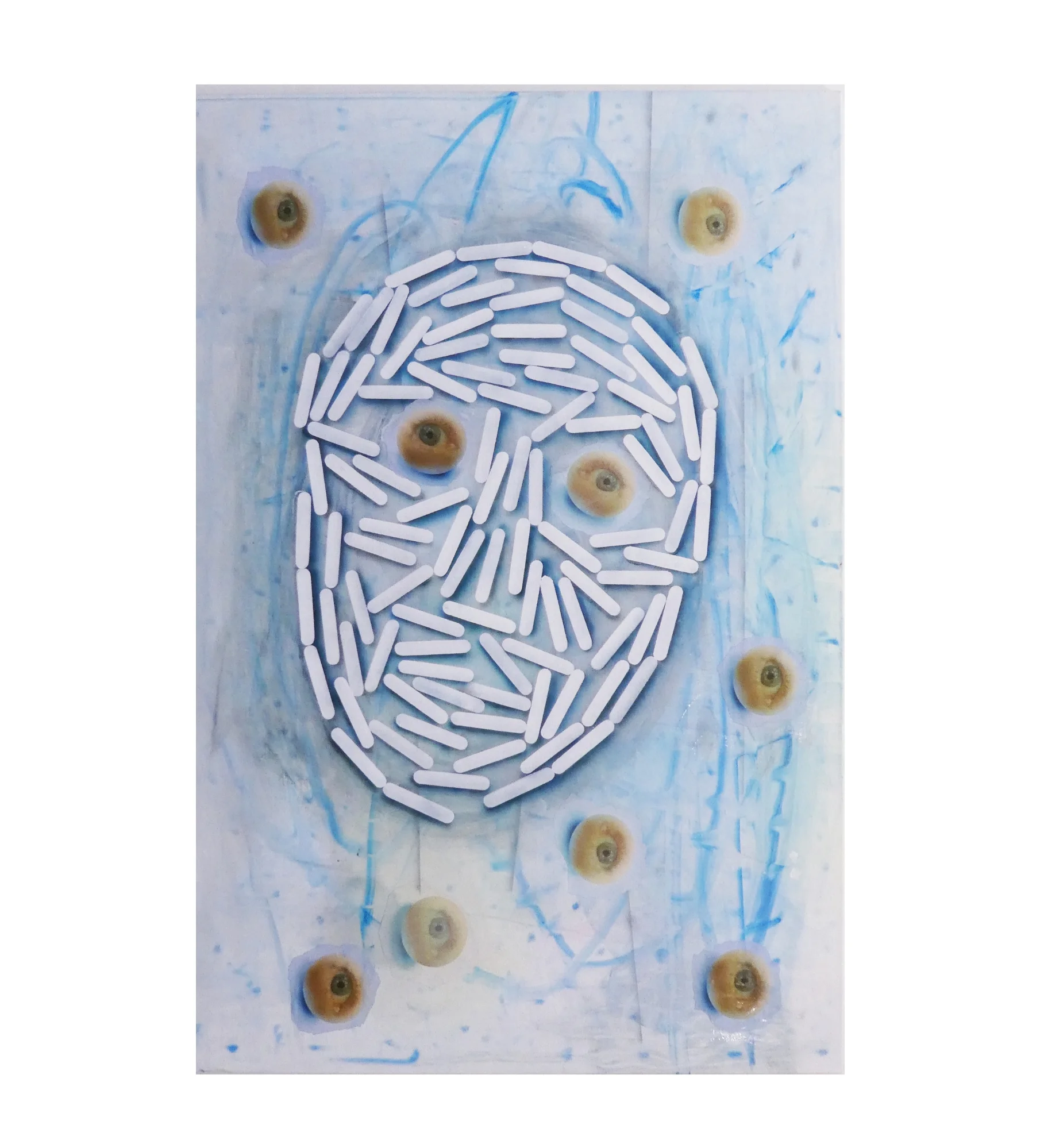 baby's got blue eyes acrylic and collage on canvas \ 150 x 100 cm .