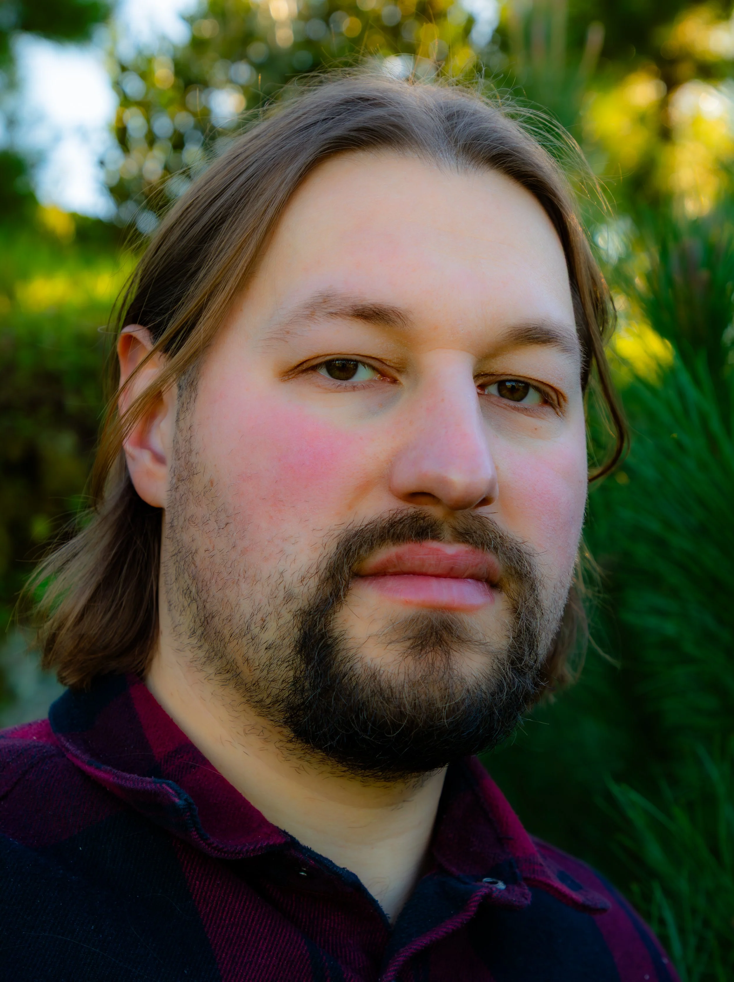 Close-up of a man's face with brown hair, beard, mustache, and light skin, outdoors with blurred greenery background.