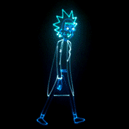 The original Rick and Morty animated pitch of rick walking and drinking, which was provided in gif form. The limited color pallete was an intentional choice.