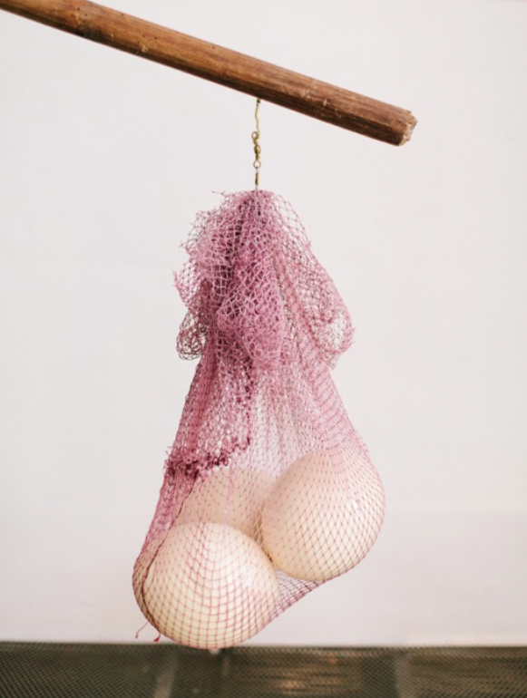 Seesaw, 2016 Mixed technique: wood, net, wire, egg shell 119 x 385 x 95 cm