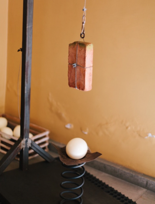 Limits, 2015 Mixed media: metal structure, steel cable, partition, egg shell 251 x 105 x 60 cm