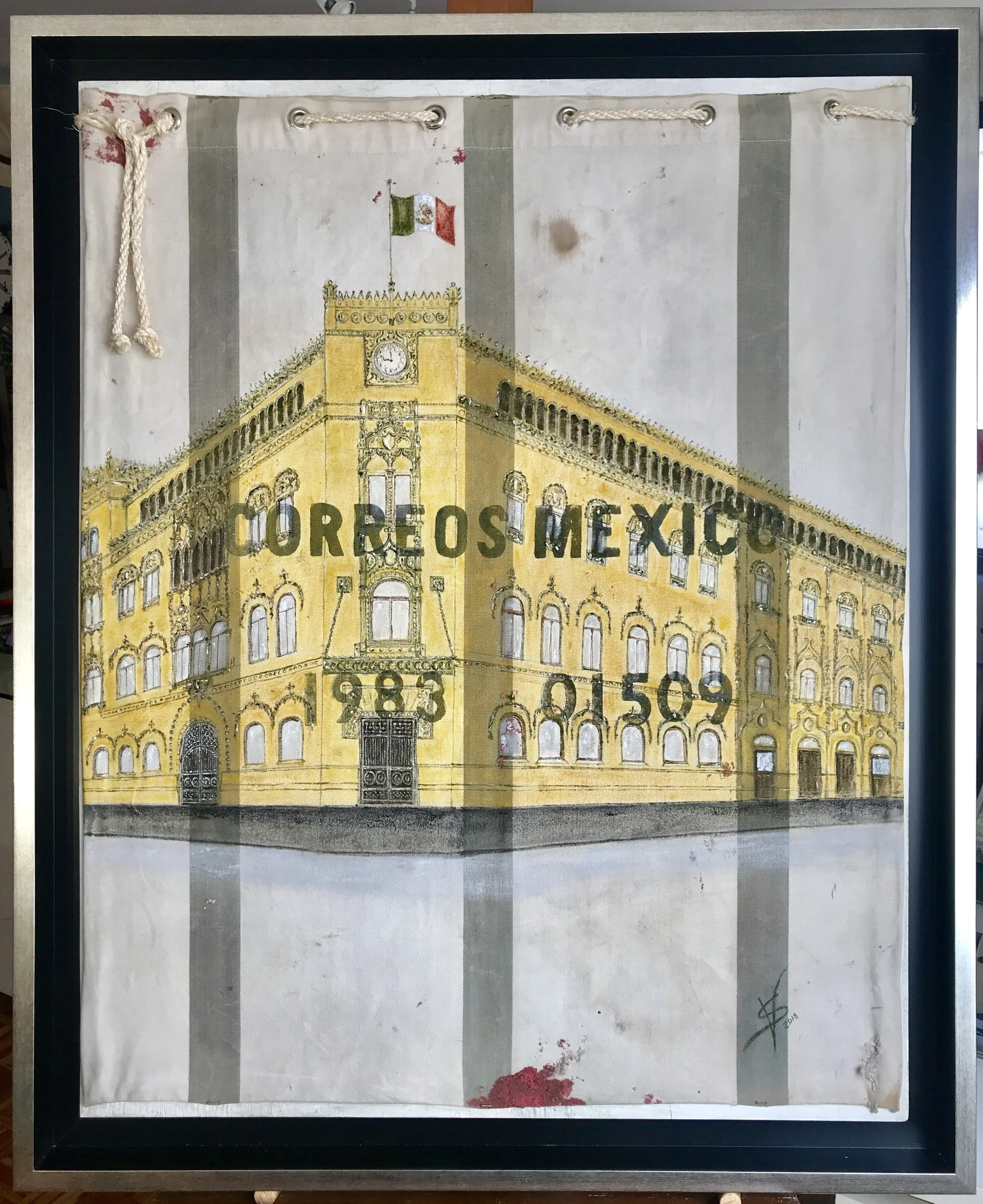 Postal Palace, 2018 Mixed Technique: oil on cotton sack with usage marks by the Mexico post, used as canvas on triply wood. 100 x 80 cm