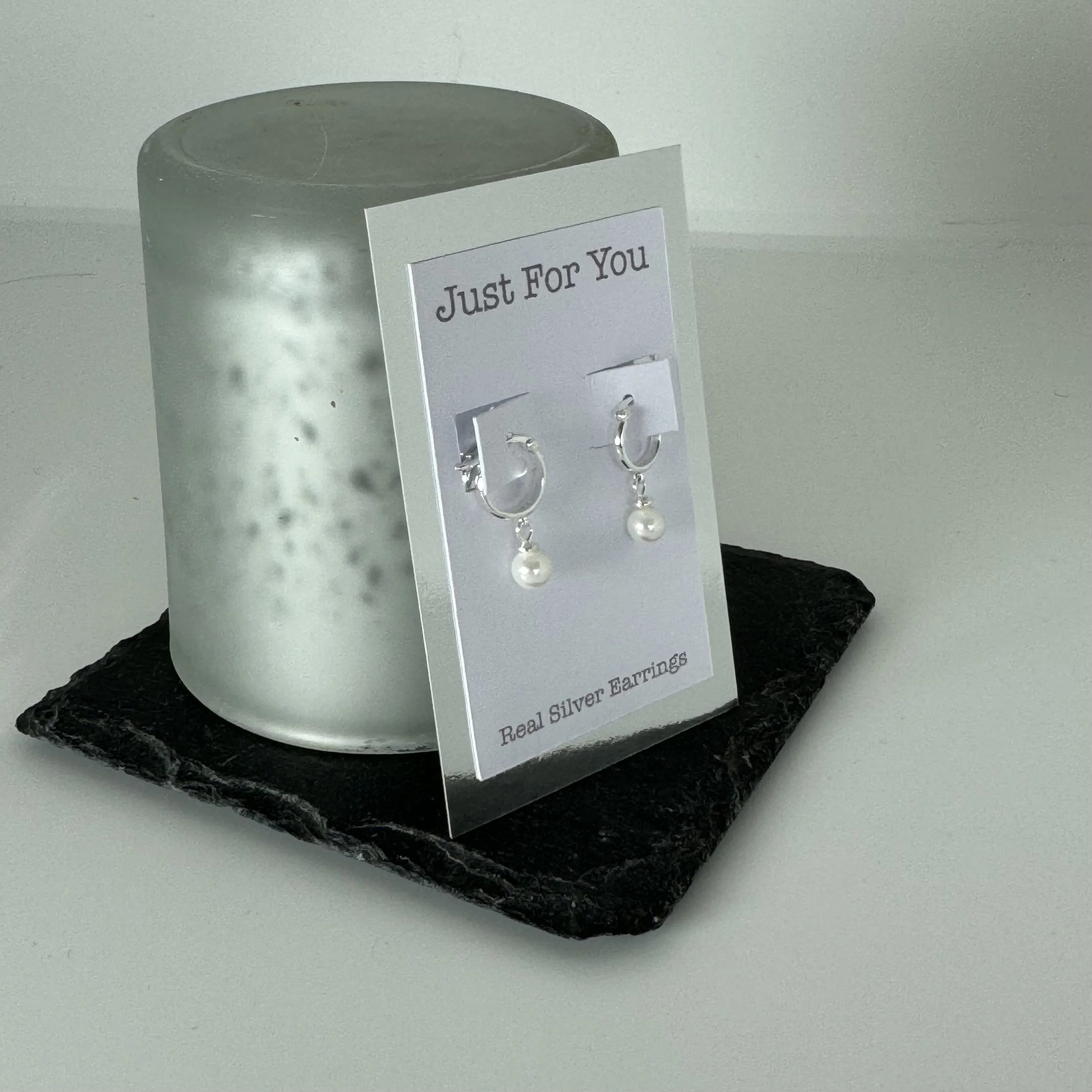 Faux Pearl Silver Hoops