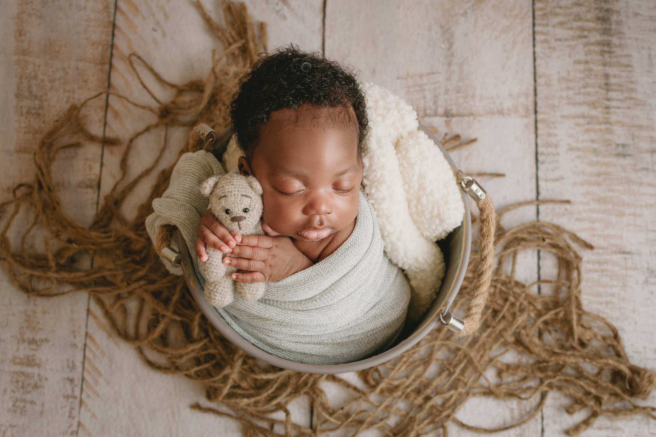 newborn baby in bucket holding bear