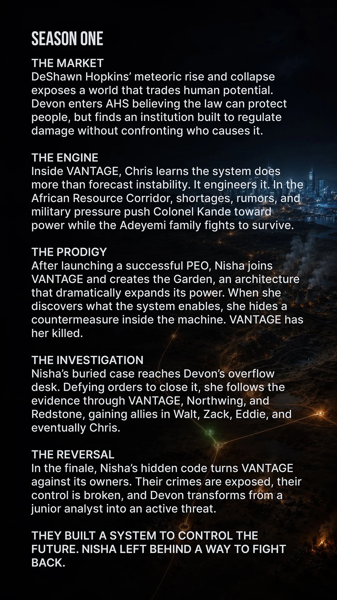 A dark city skyline at night with glowing lines and dots connecting to form a network overlay, with text outlining a story titled 'Season One' about a futuristic society, involving characters Devon, Chris, Nisha, and others, fighting against an oppre