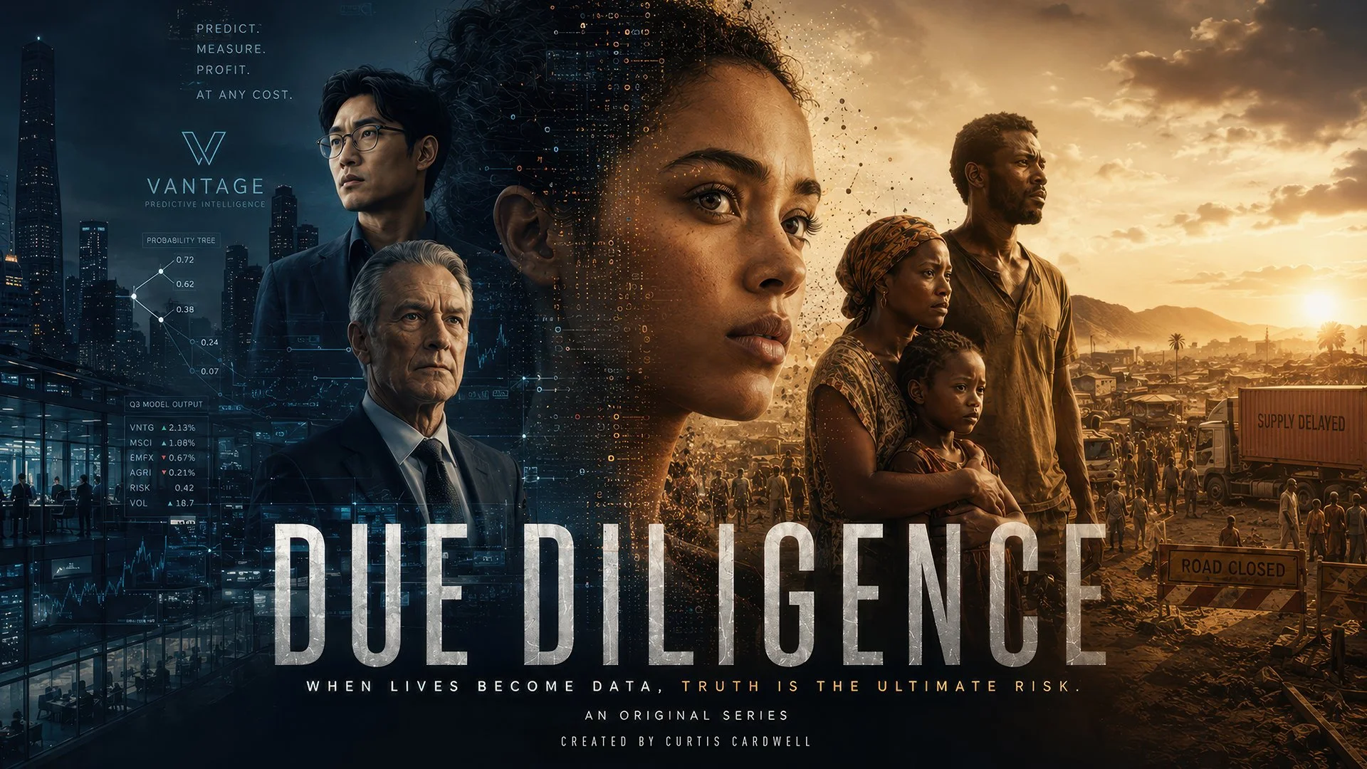 Digital collage with a split background showing a cityscape with stock market data and a sunset with a crowded road with trucks and signs, featuring diverse characters including a woman, children, and men, along with the title 'Due Diligence' and tagline about data and truth.