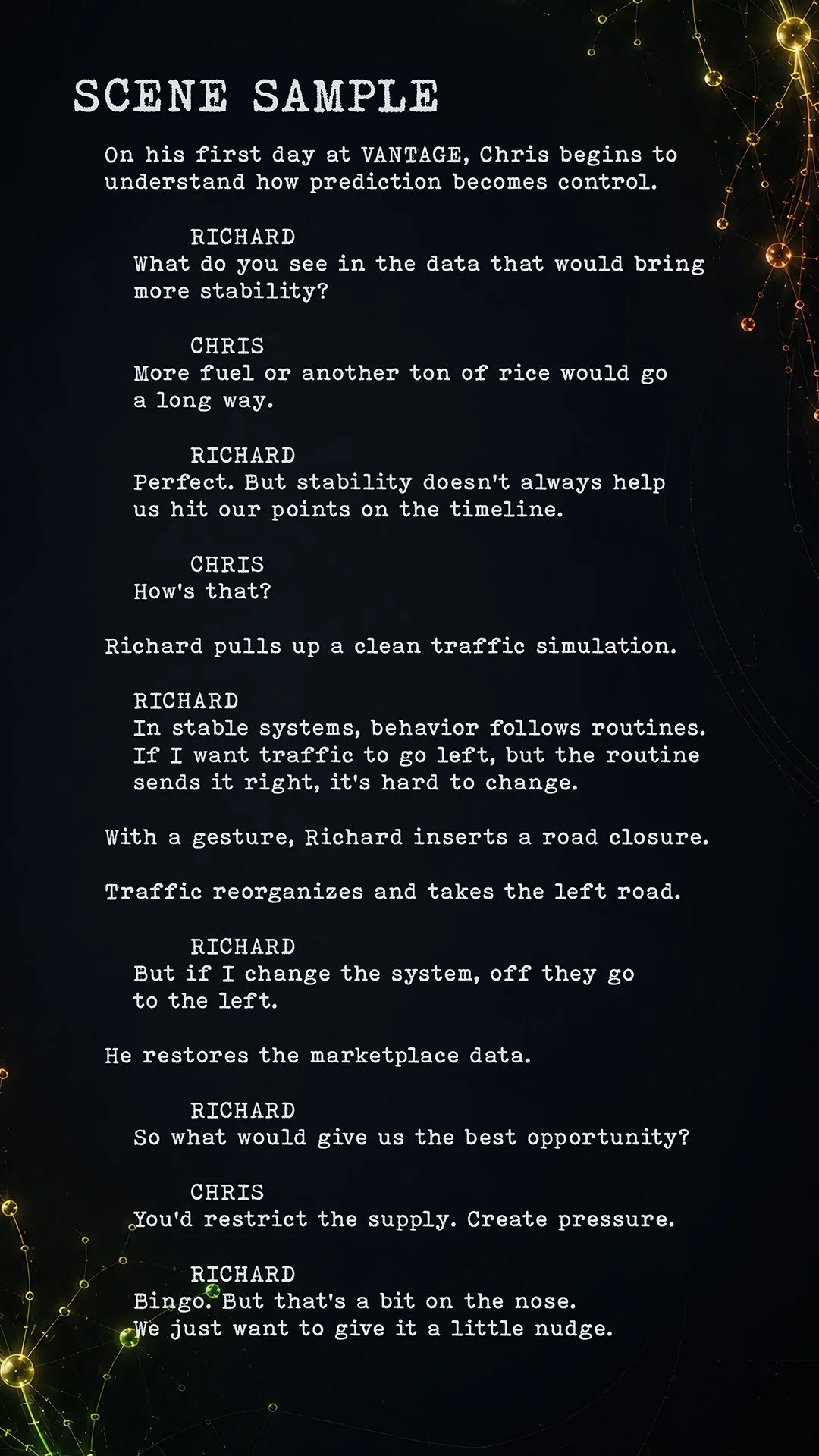A screenplay scene with dialogue about data prediction, stability, traffic simulations, and system changes on a dark background with gold molecular structures in the corners.