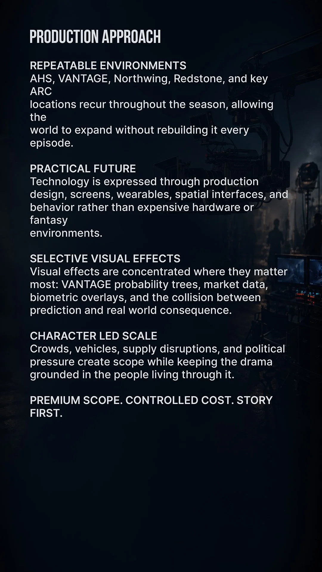 A presentation slide titled "Production Approach" with details about environments, future technology, visual effects, LED scale, and storytelling, displayed on a dark background with blurry equipment and people in the background.