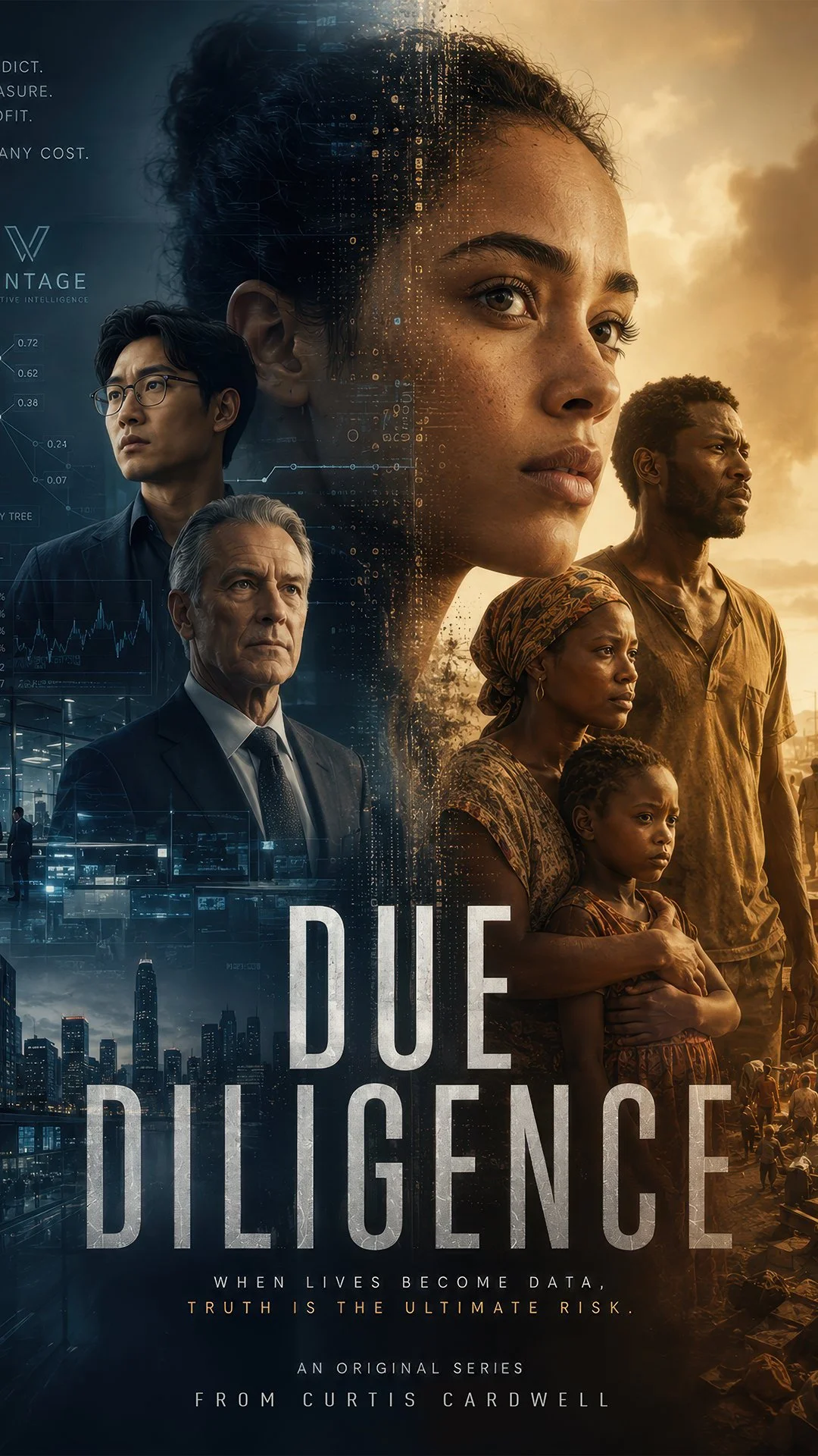 Promotional poster for the series 'Due Diligence' featuring diverse characters including a young woman, a man with glasses, an older man, and an African woman with a child, against backgrounds of a city skyline and digital data overlay.