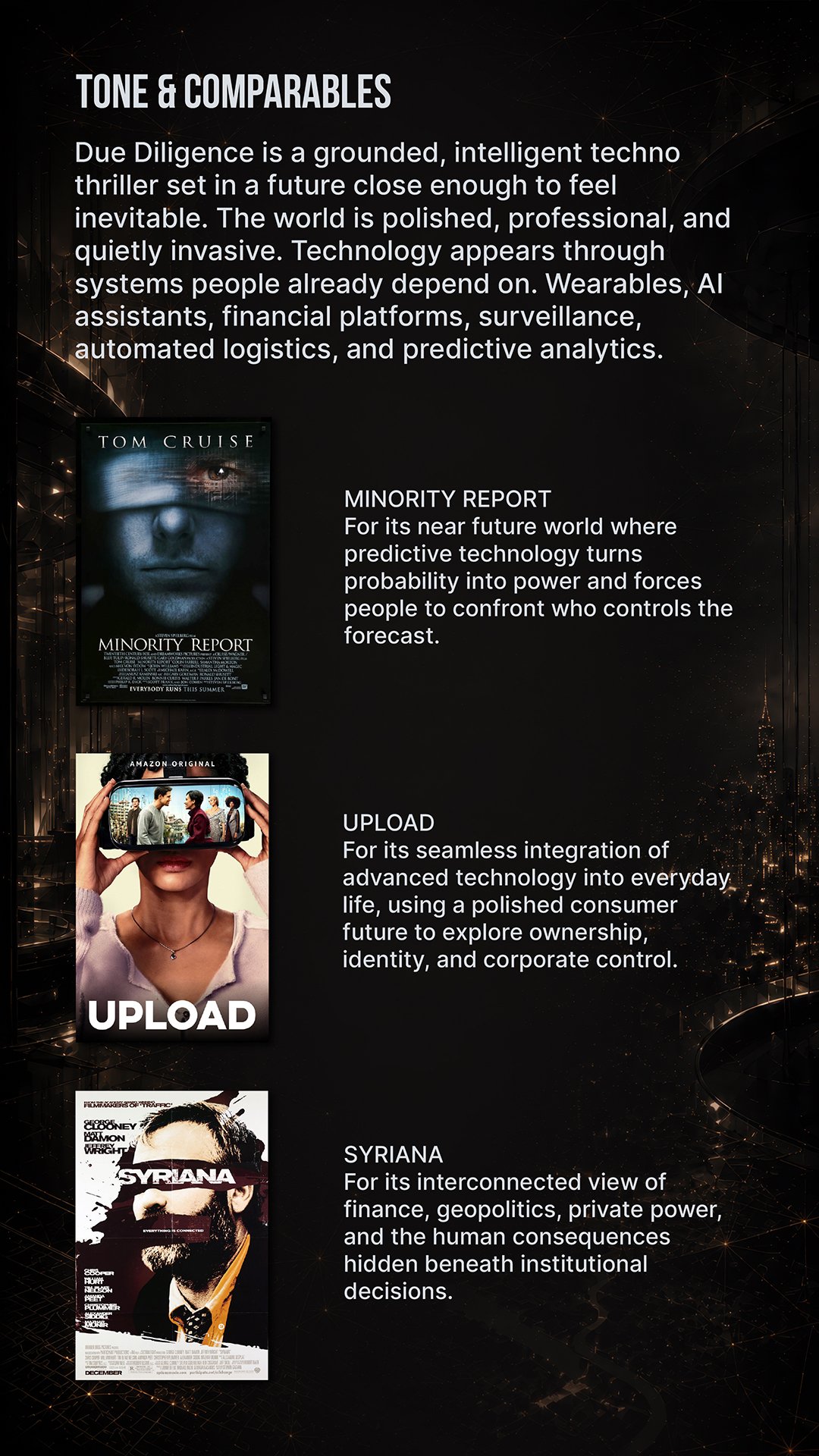 Poster describes future technological themes, featuring movie posters for 'Minority Report,' 'Upload,' and 'Syriana,' with explanations of concepts like predictive technology, seamless integration, and interconnected power in government and society.
