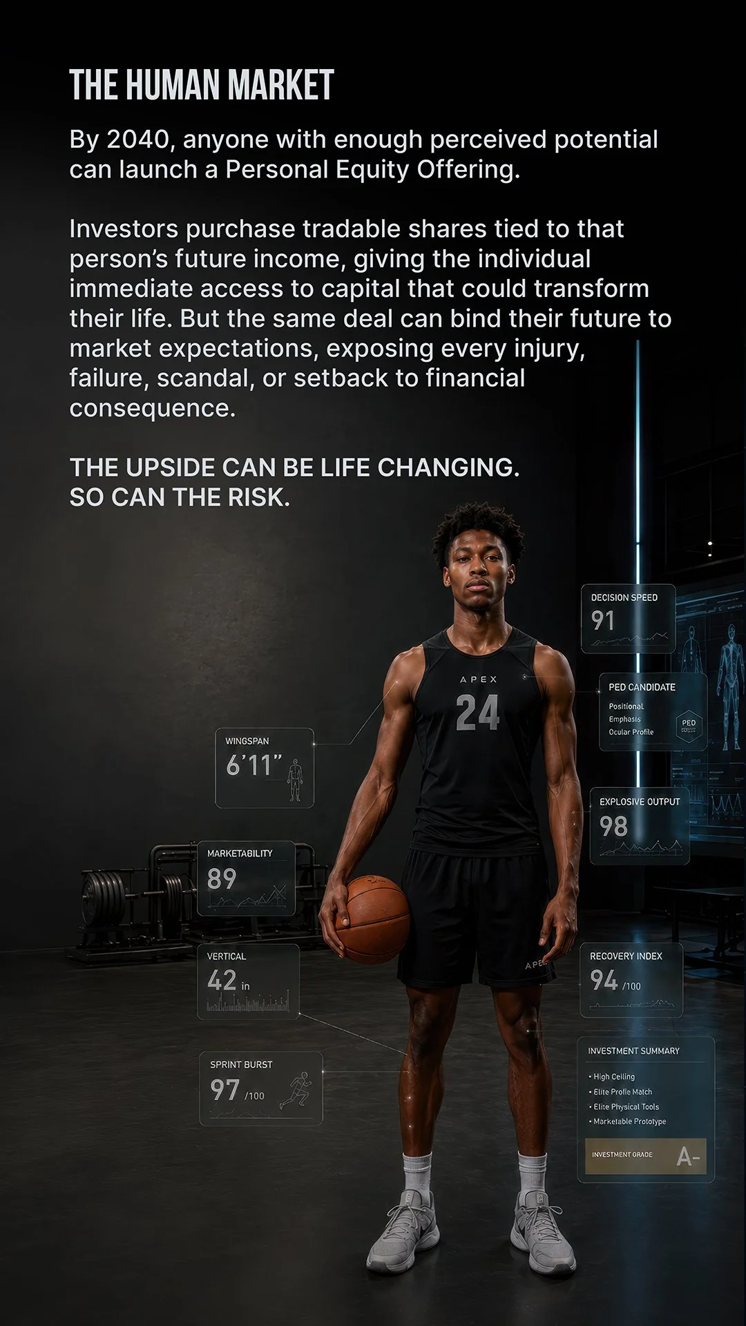 A young male basketball player standing in a gym, holding a basketball, wearing a black jersey with the number 24. Surrounding him are various futuristic data overlays, including measurements such as wingspan, vertical leap, sprint burst, decision sp