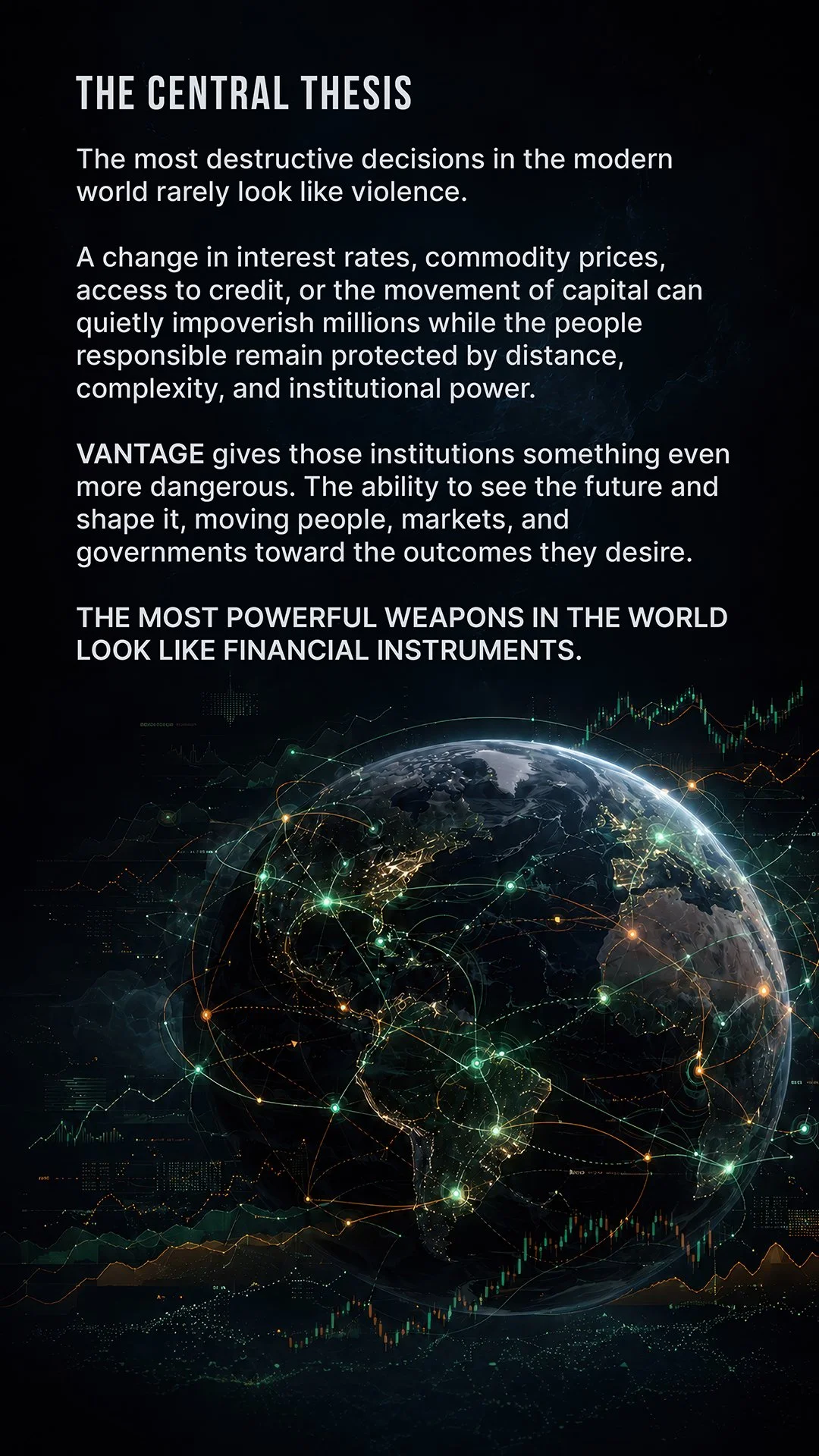 A digital illustration of the Earth with connected points and financial graphs overlaid, highlighting the theme of global finance and power.