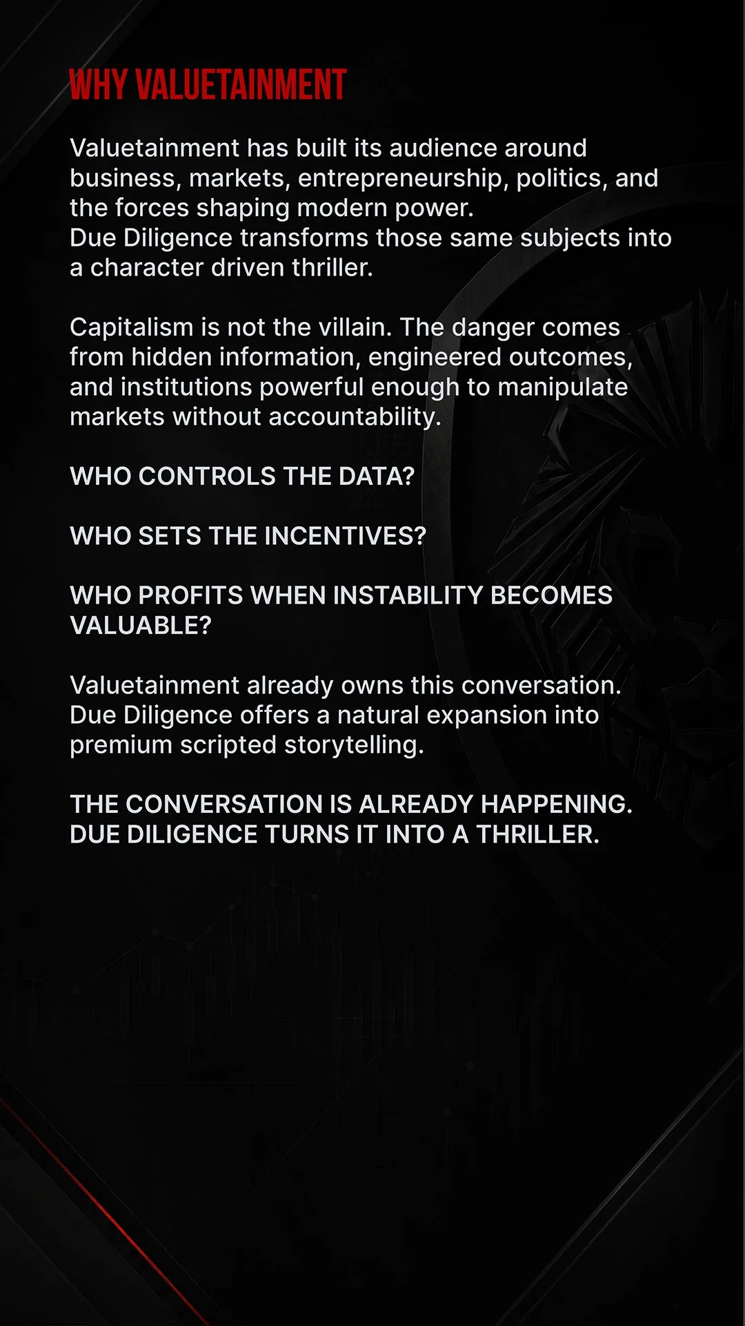 A digital graphic with black background and white text discussing the influence of Valuetainment on business, markets, entrepreneurship, politics, and power. It raises questions about data control, incentives, and the profitability of instability, em
