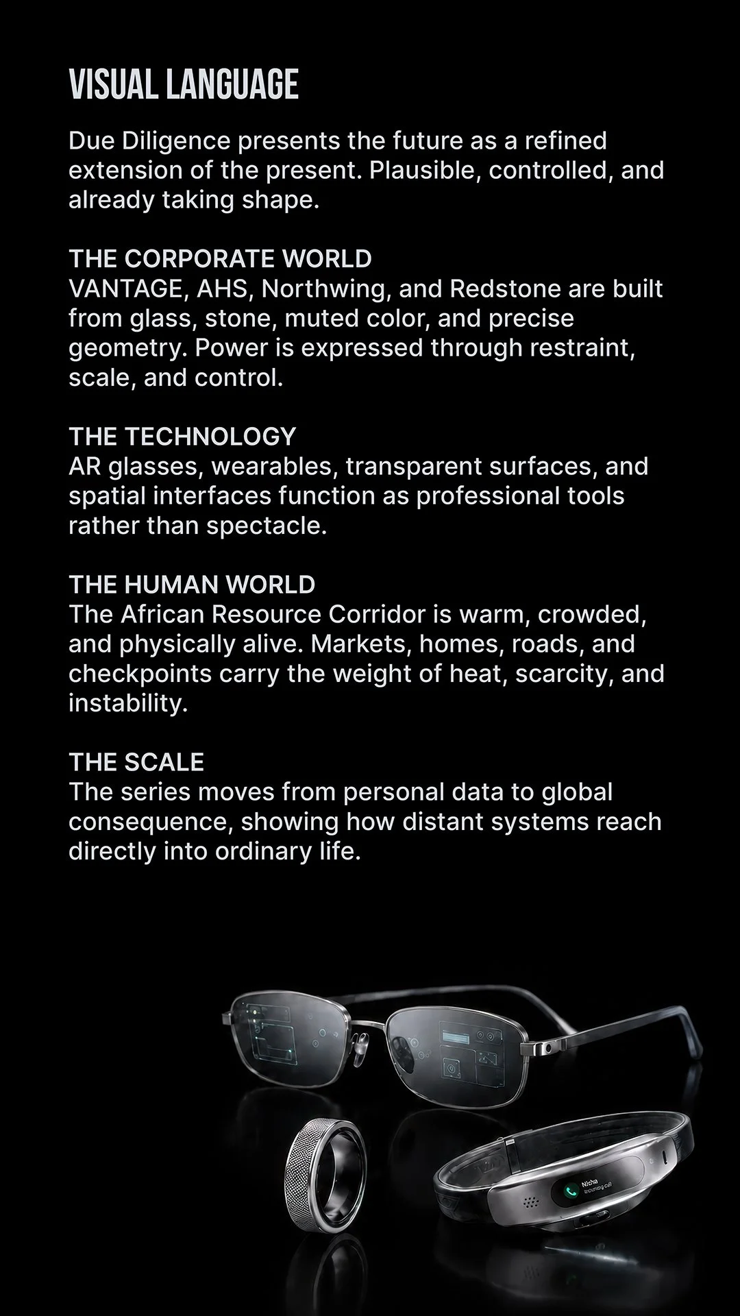 A display of futuristic technology devices including smart glasses, a wristband, and a wearable device, with a dark background and a text panel explaining vision, corporate world, technology, human world, and scale.