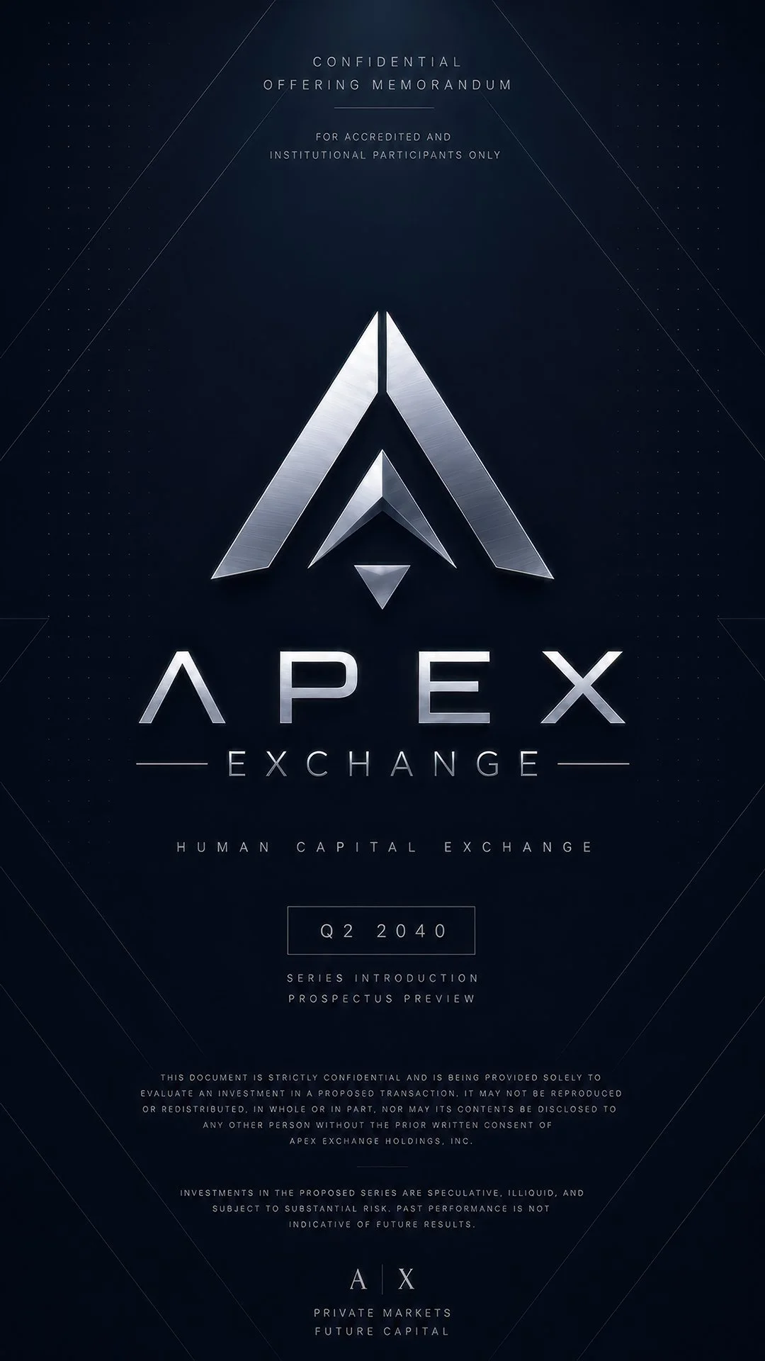 Dark promotional poster for Apex Exchange, a human capital exchange platform, with a metallic logo and futuristic design elements, referencing a confidential offering memo for the year 2040.