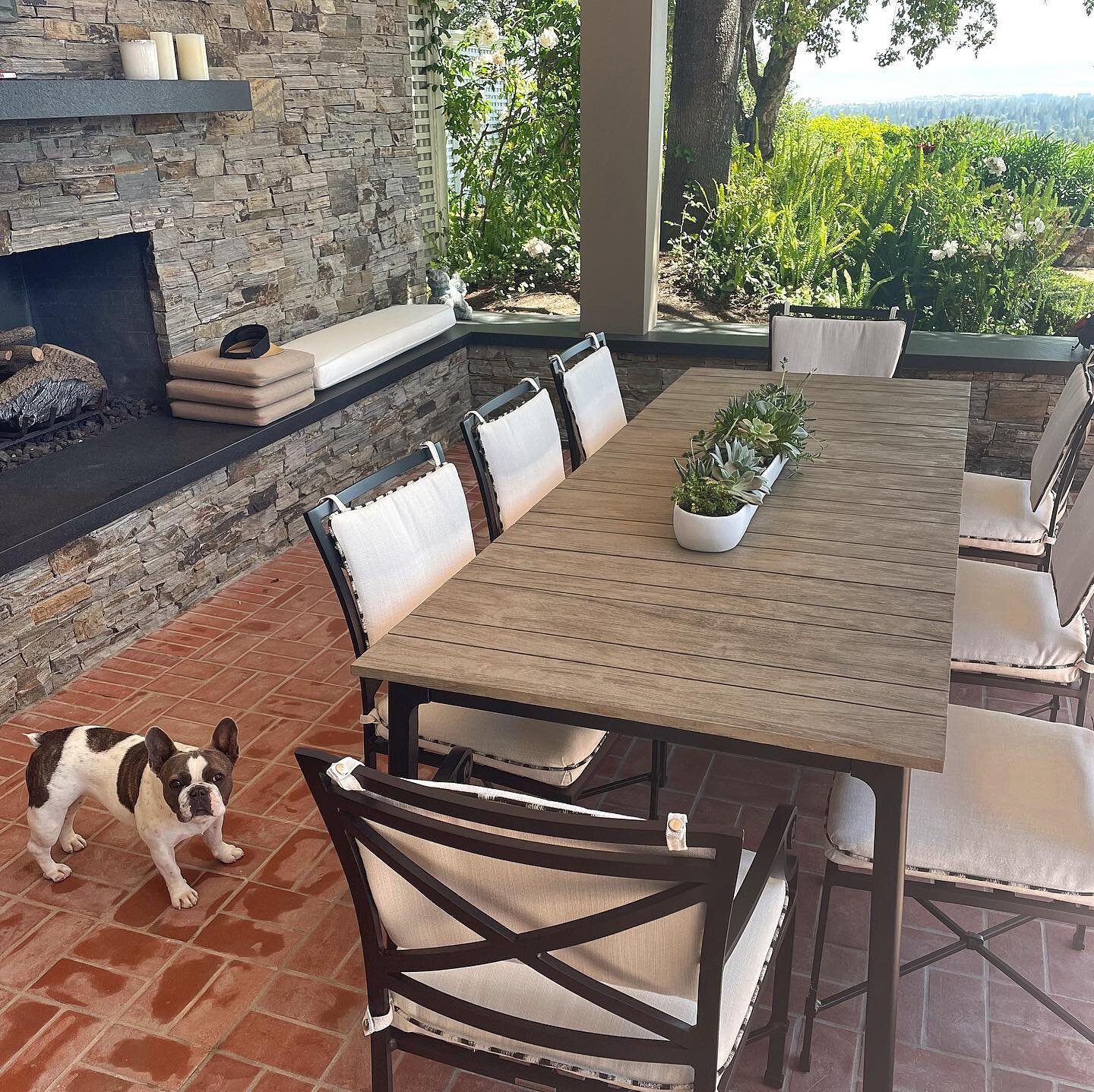 Delivered just in time for this pup &amp; her family to enjoy for Memorial Day Weekend 🇺🇸 

Beautiful new @brownjordan1945 teak table and dining chairs with contrast welt. 

#brownjordan #outdoorliving #teak #puppylove #memorialdayweekend #derbymen