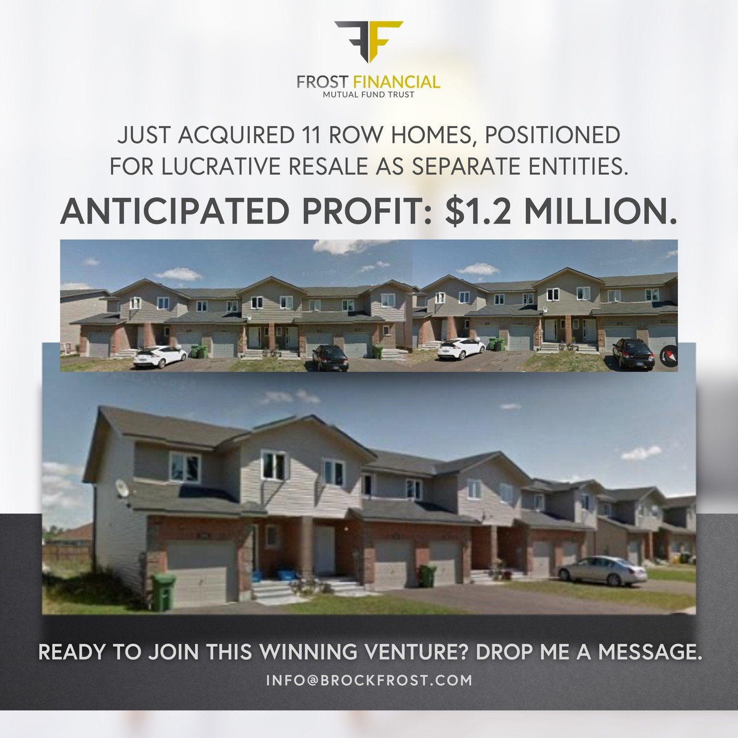 Interested in sharing a $1,200,000 profit? (nods head)

Just locked down a unique opportunity as follows:

1. 11 row homes purchased (accepted offer with deposit provided)
2. Properties are currently ONE legal entity
3. We will proceed with a severan