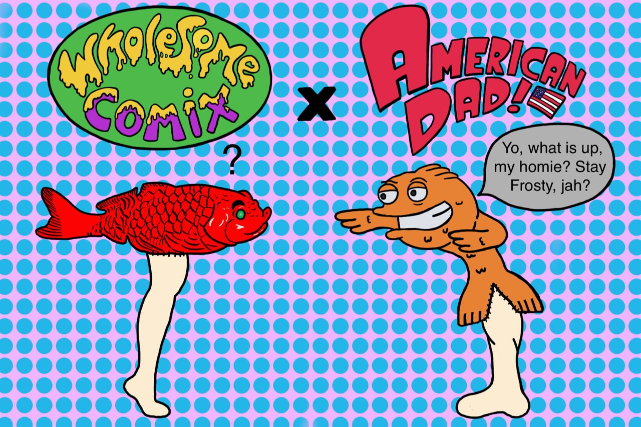 red legfish with green eyes and a barbie doll type leg looking at an orange, American Dad inspired, legfish with a manly looking leg.