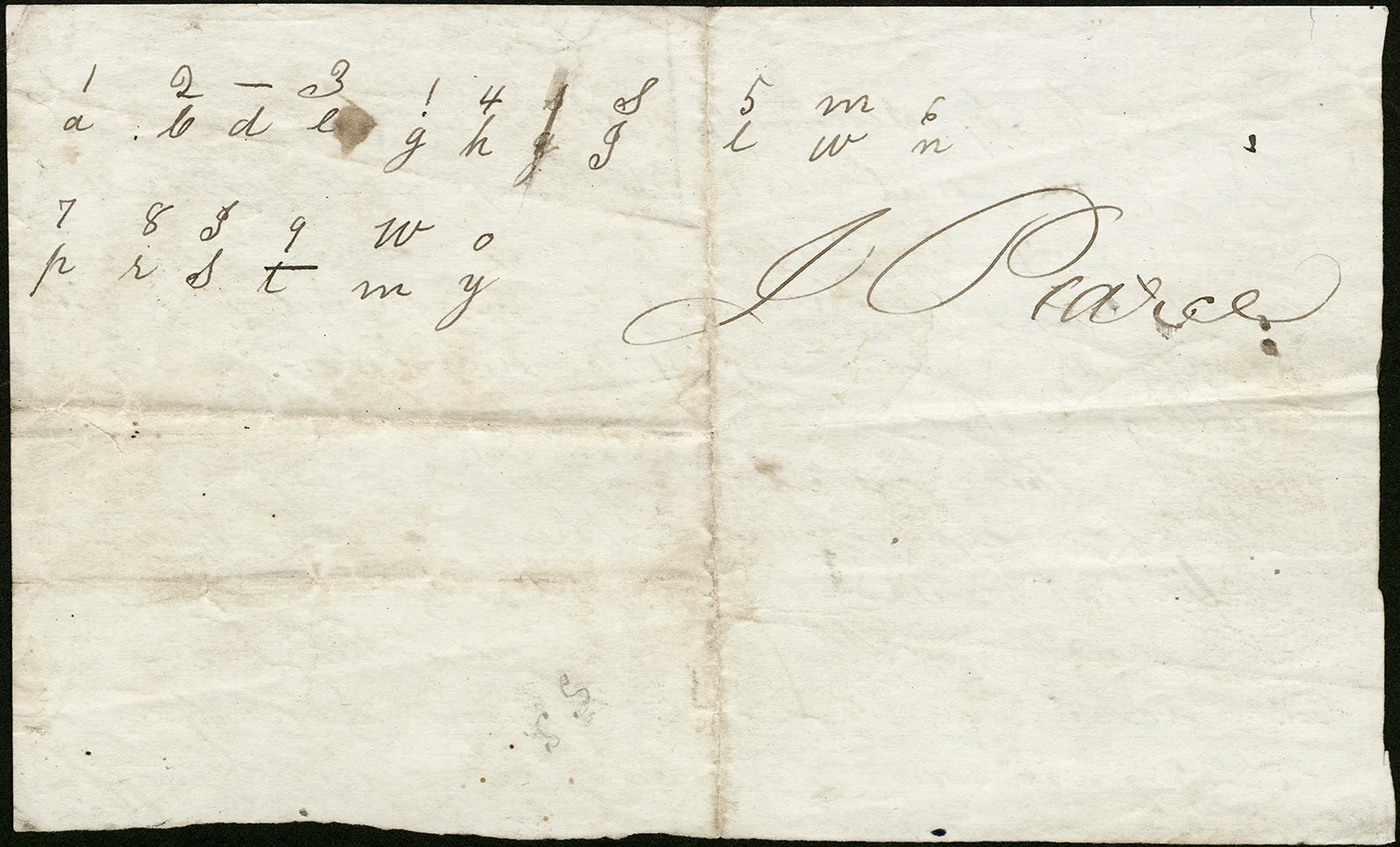 Back of Signed Underground Railroad Pledge has a code and the signature of J. Pearce. Indiana Historical Society, M0199