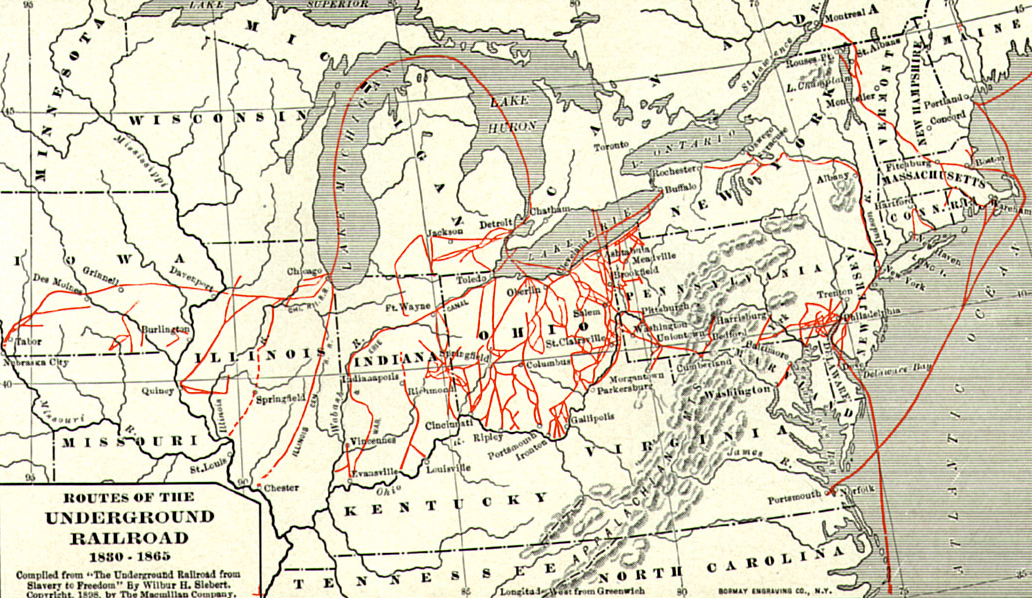 Map of Underground Railroad routes from 1830 - 1865. Compiled from The Underground Railroad from Slavery to Freedom by Wilbur H. Siebert, 1898.