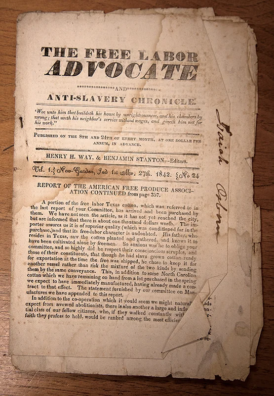 Cover of The Free Labor Advocate and Anti-Slavery Chronicle , 1842. Friends Collection, Lilly Library, Earlham College.
