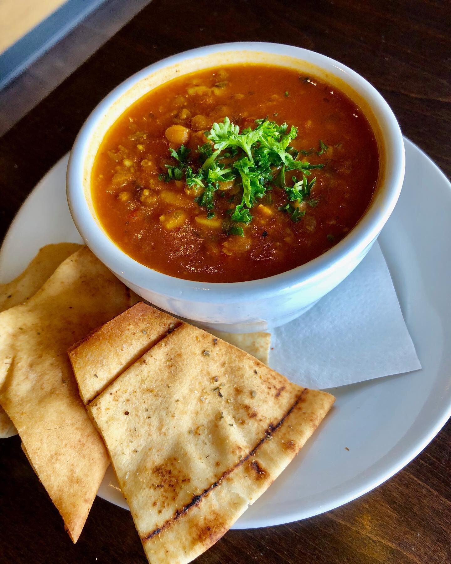 New Soup Of The Day!🚨 
Moroccan Harrira Soup: a delicious spiced dish with chickpeas, whole brown lentils, orzo, parsley, cilantro, celery, garlic, ginger, saffron, &amp; our homemade shatta hot sauce in a dense tomato broth. Served with a side of p