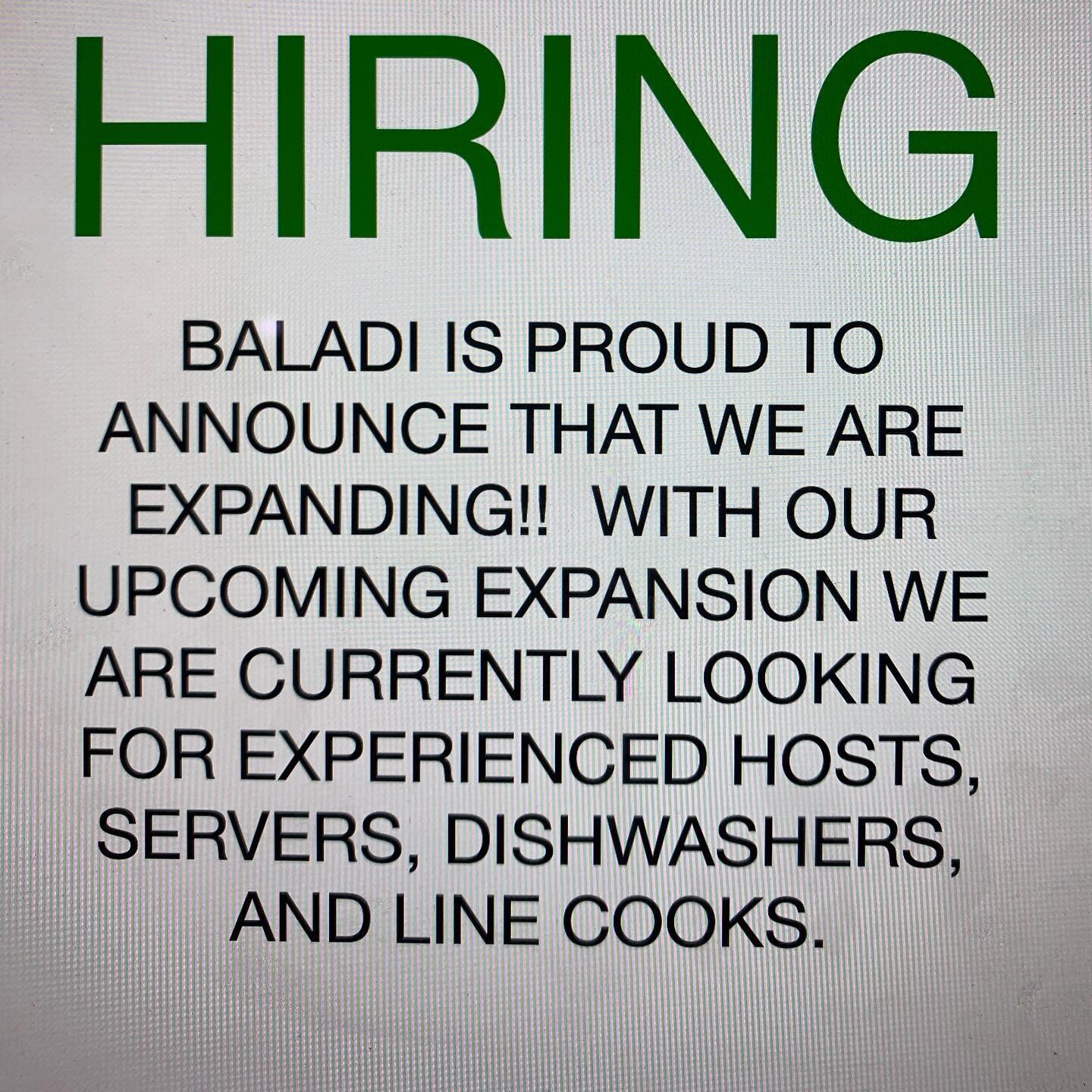 Hiring at Baladi!!! We are growing and looking for good people to grow with us.  You can download an application on our website or come in anytime to fill one out.  Don&rsquo;t miss out on this opportunity.  #baladimediterraneancafe #baladi #afewsimp