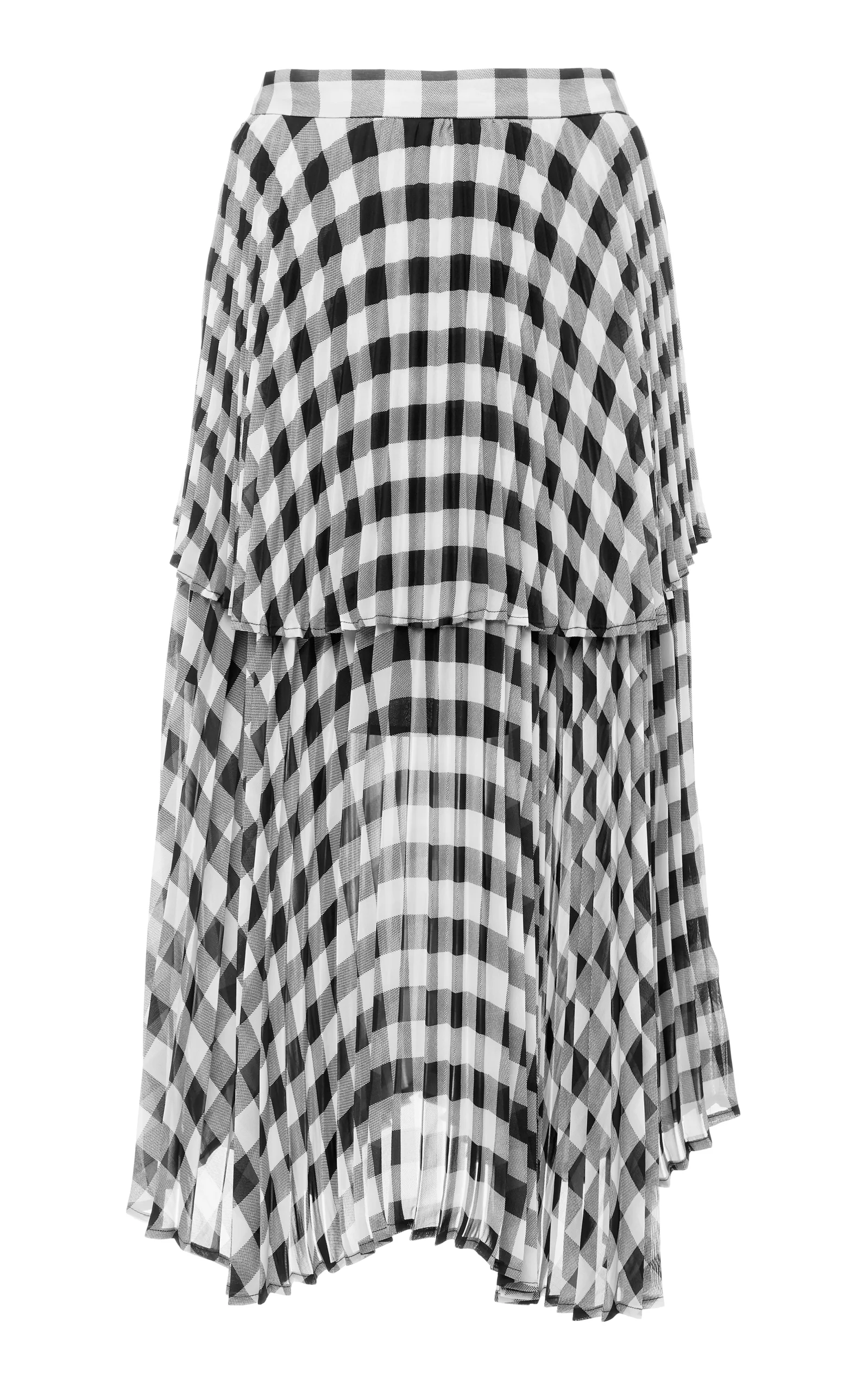 Front view of sheer black and white tiered gingham print skirt
