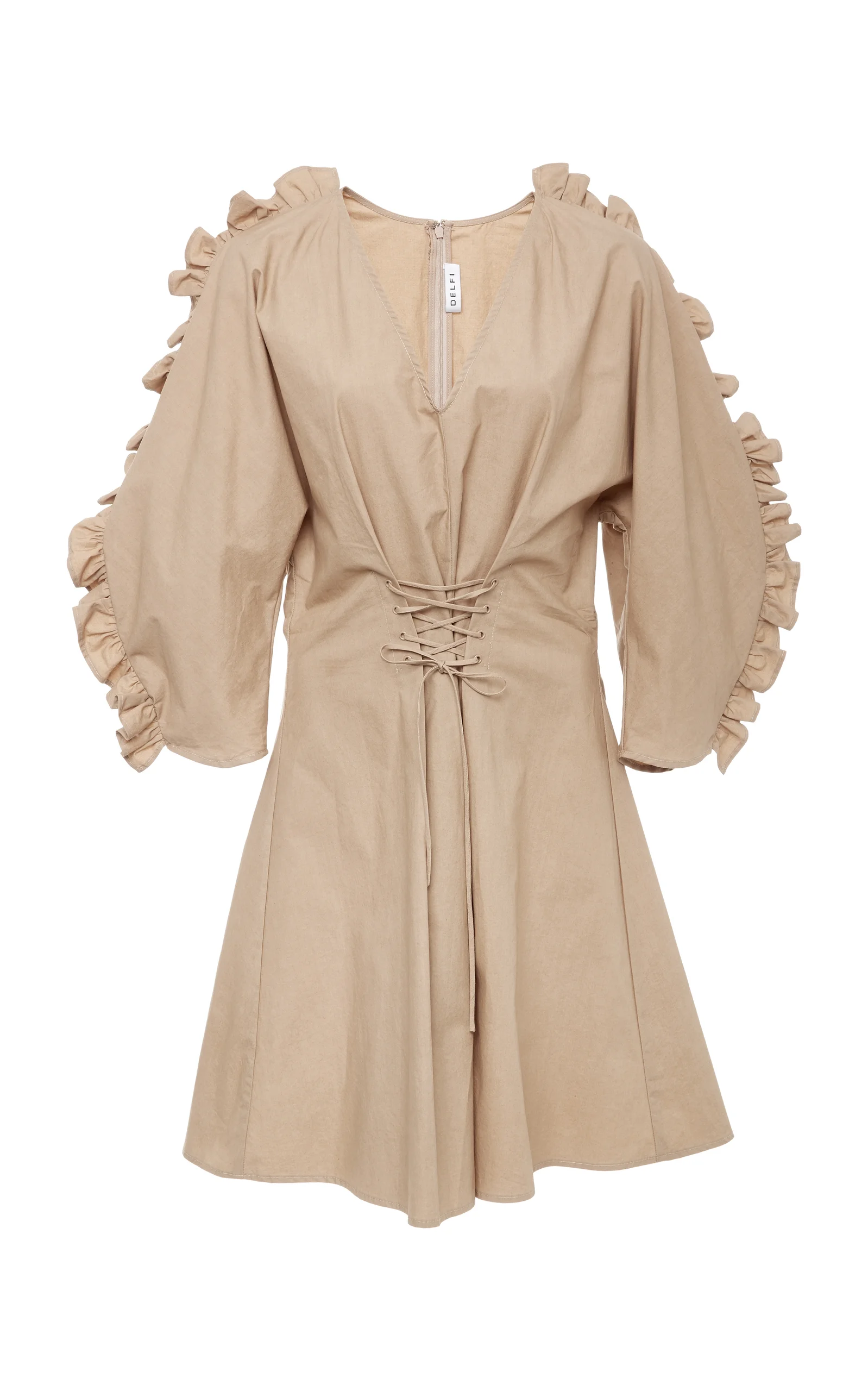 Front view of khaki 3/4 sleeve dress with v neckline and lace up waist detail