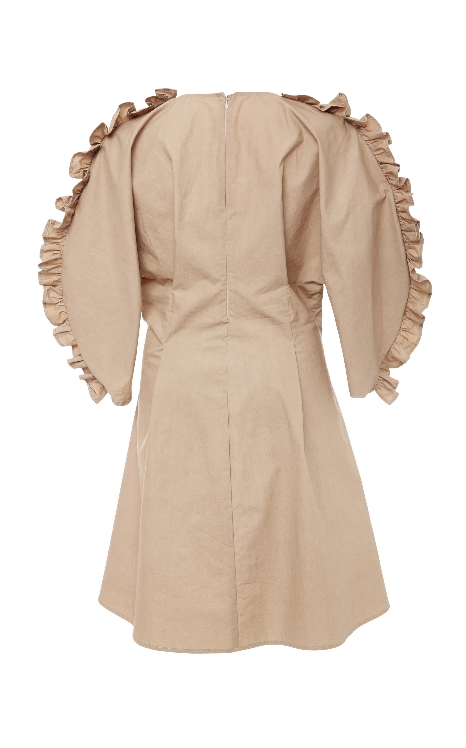 Back view of khaki 3/4 sleeve dress with v neckline and lace up waist detail