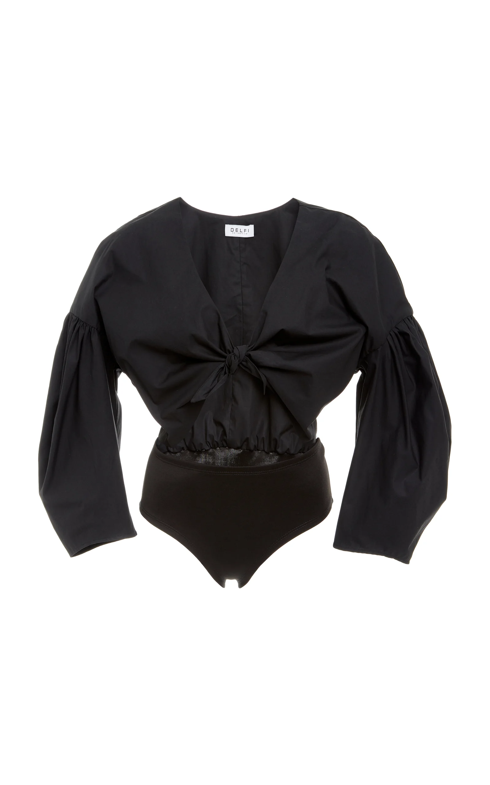 Front view of black long sleeve v neck top with tie front detail