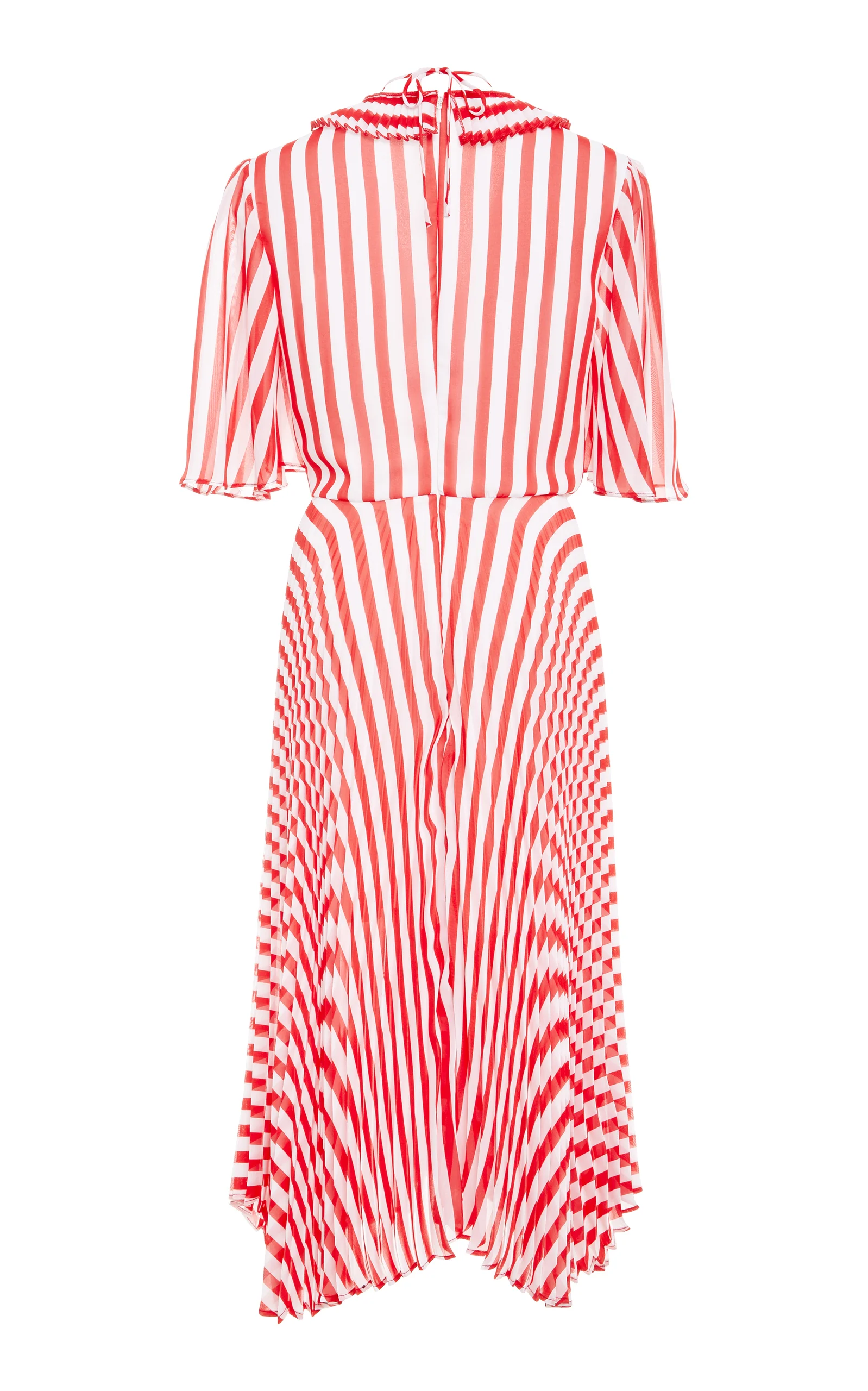 Back view of red and white stripe short sleeve dress with v neckline and pleated trim